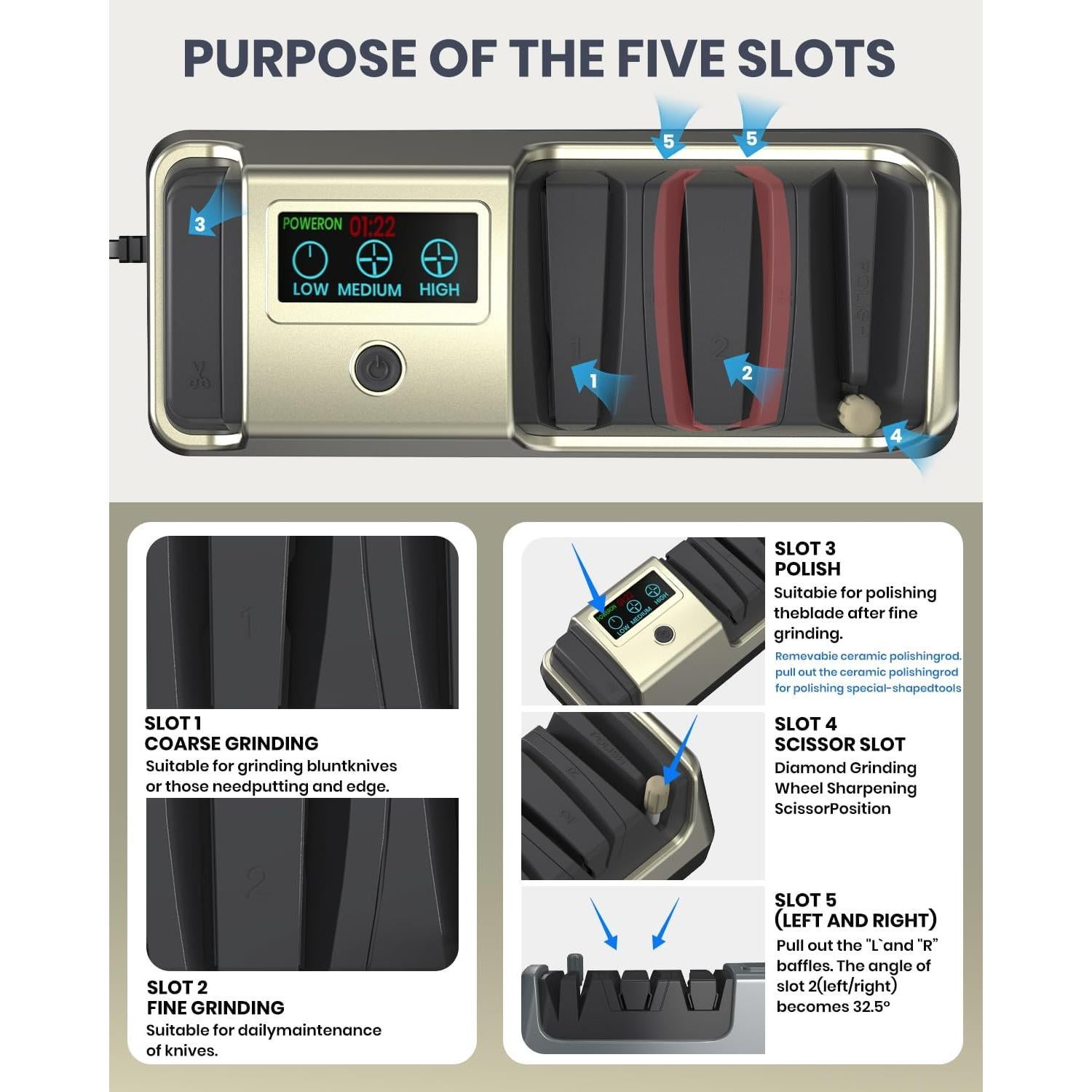 Afilador de cuchillos eléctrico Aeglemana 5 en 1 con LCD