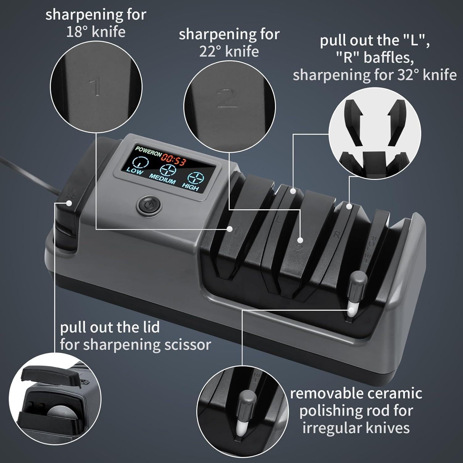 Afilador de cuchillos eléctrico Psythuor 5 en 1 con LCD