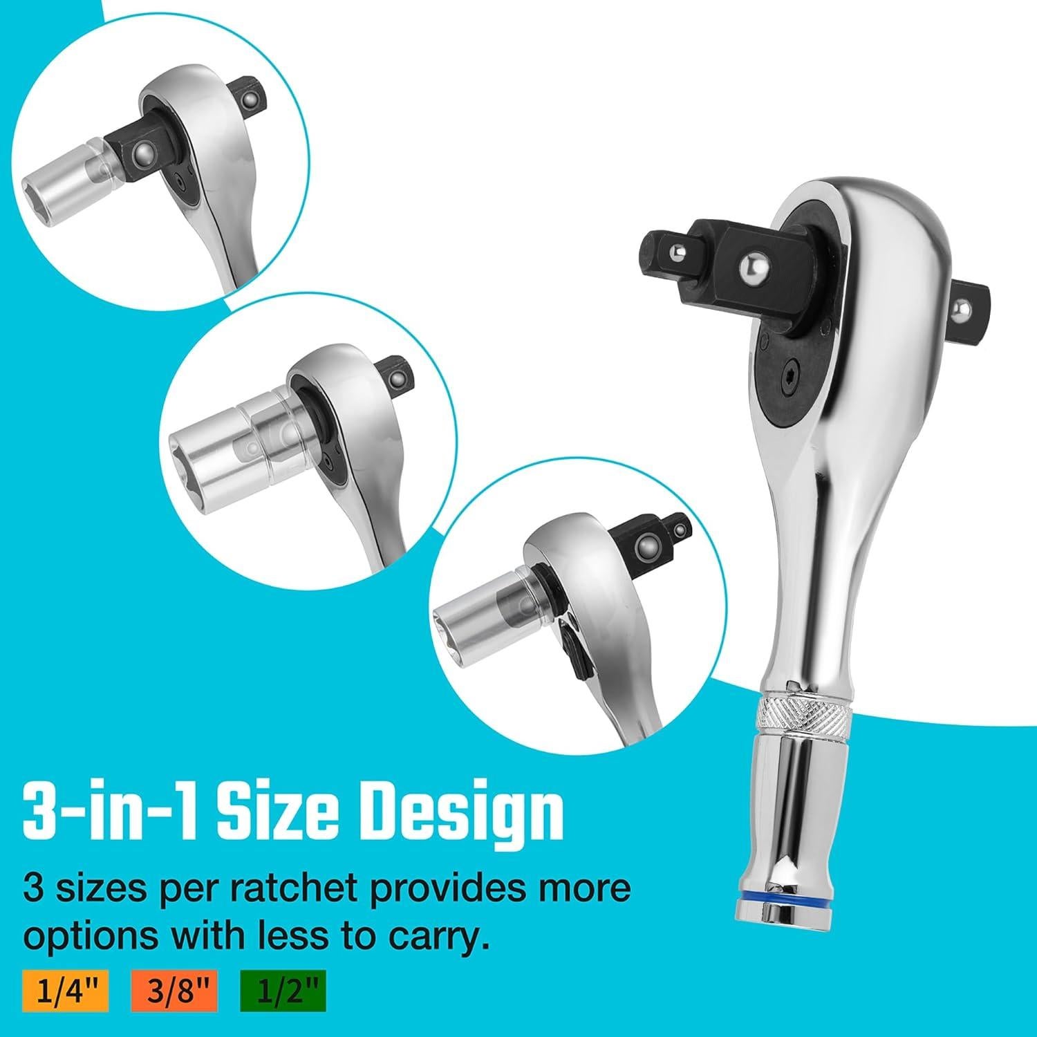 Juego de Llaves de Carraca Stubby DURATECH 3 en 1 72 Dientes