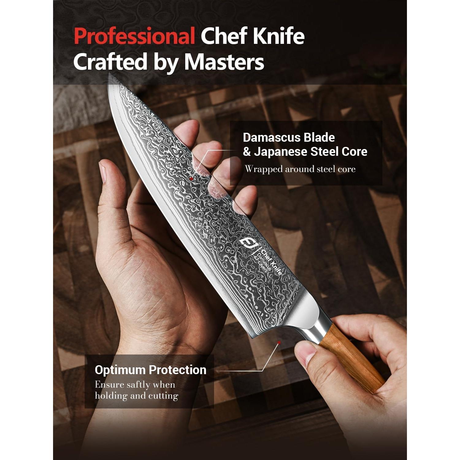 Cuchillo de Chef Emojoy 20.32 cm Damasco Acero Japonés Mango Olivo