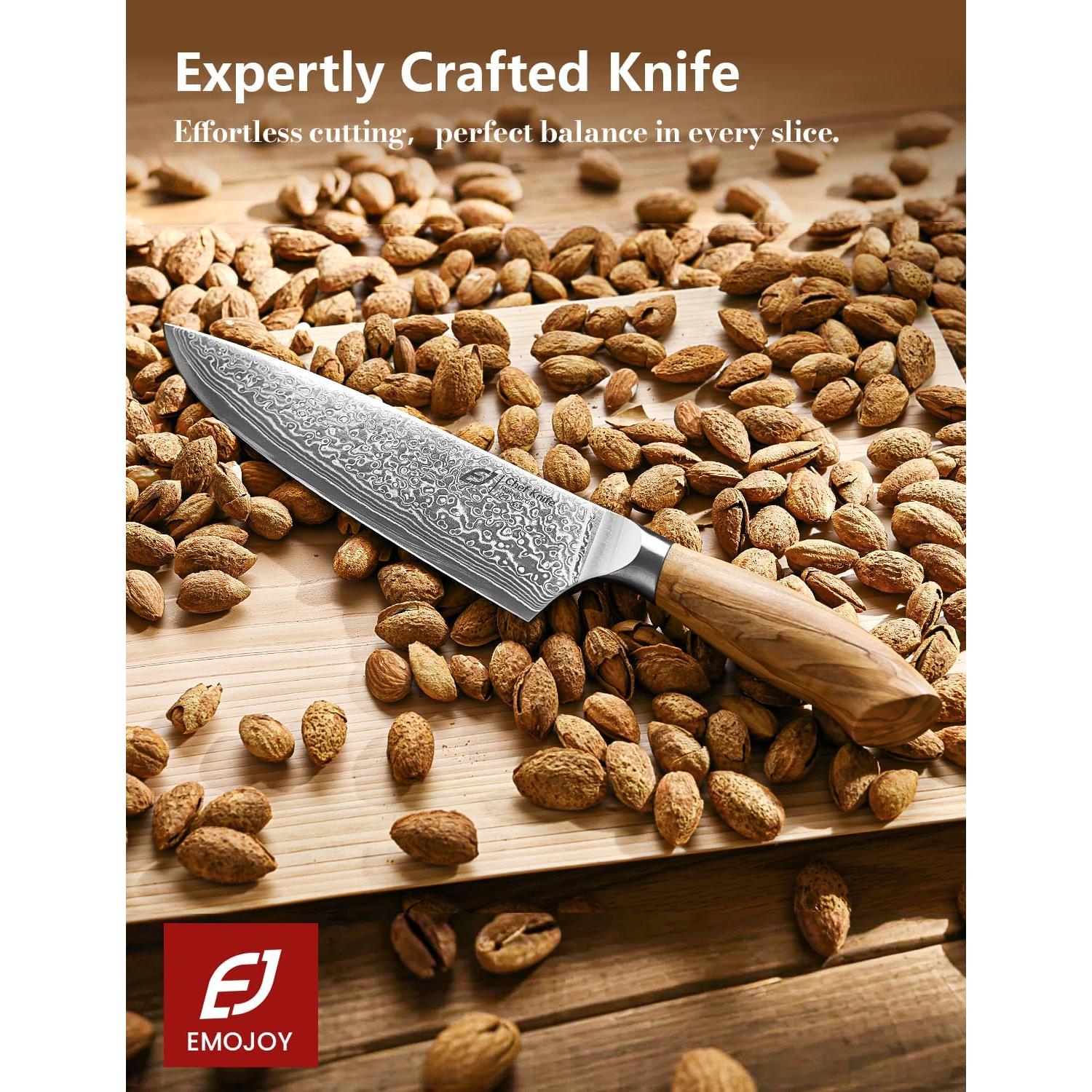 Cuchillo de Chef Emojoy 20.32 cm Damasco Acero Japonés Mango Olivo