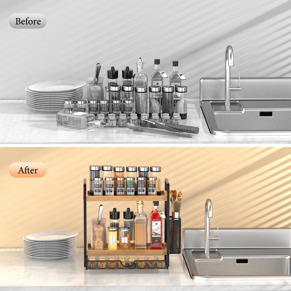 Organizador de Especias Harnidipa 2 Niveles con Cajón y Cesta