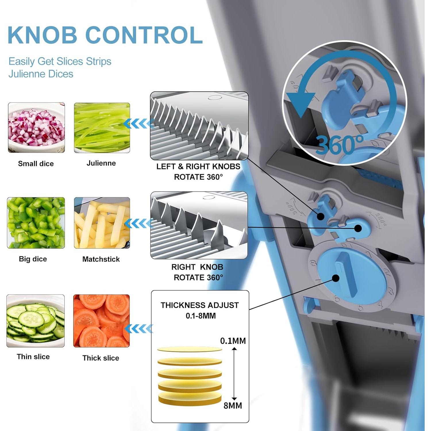 Rebanador Mandolina OYKEFAW 6 en 1 Ajustable 0.1-8mm Azul Verde