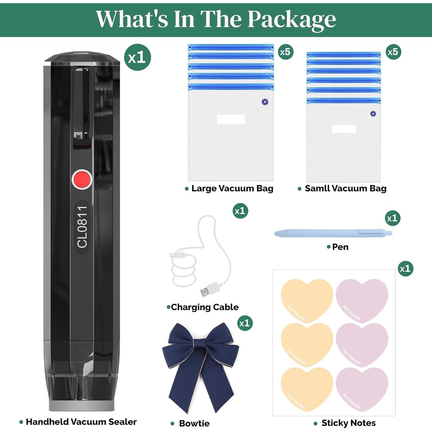 Sellador de Vacío Portátil HoliPapaya H5 con 10 Bolsas