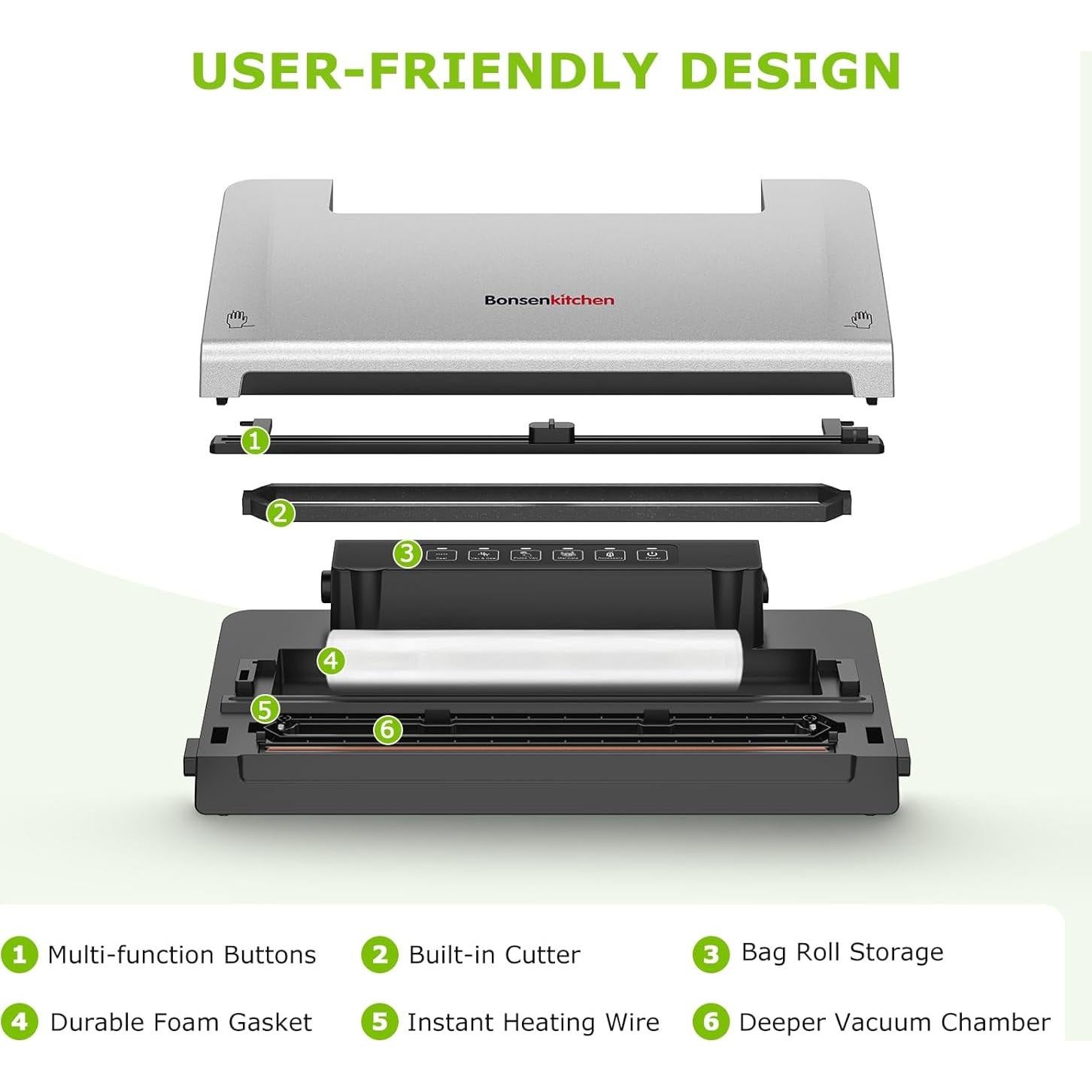 Máquina de Sellado al Vacío Bonsenkitchen VS3000 Plata 5 Modos