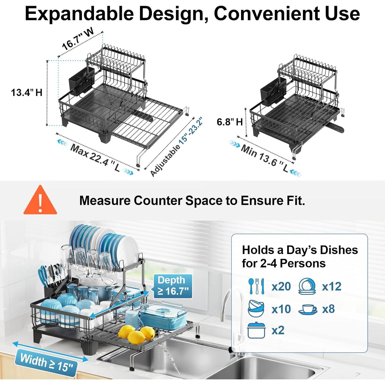 Estante de Secado de Platos Grande GSlife Negro 2 Niveles