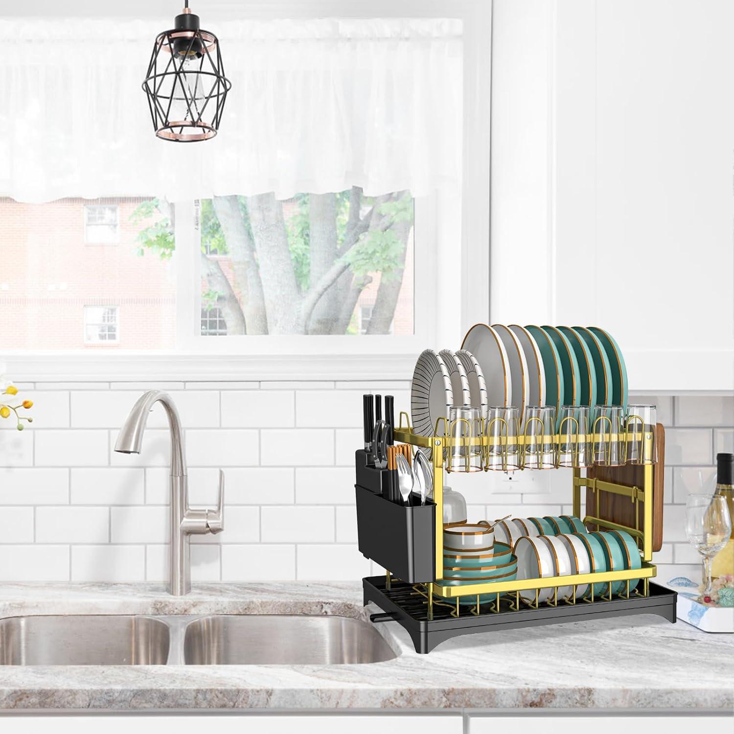 Escurridor de Platos Dorado IBEDMAZIE 2 Niveles Resistente