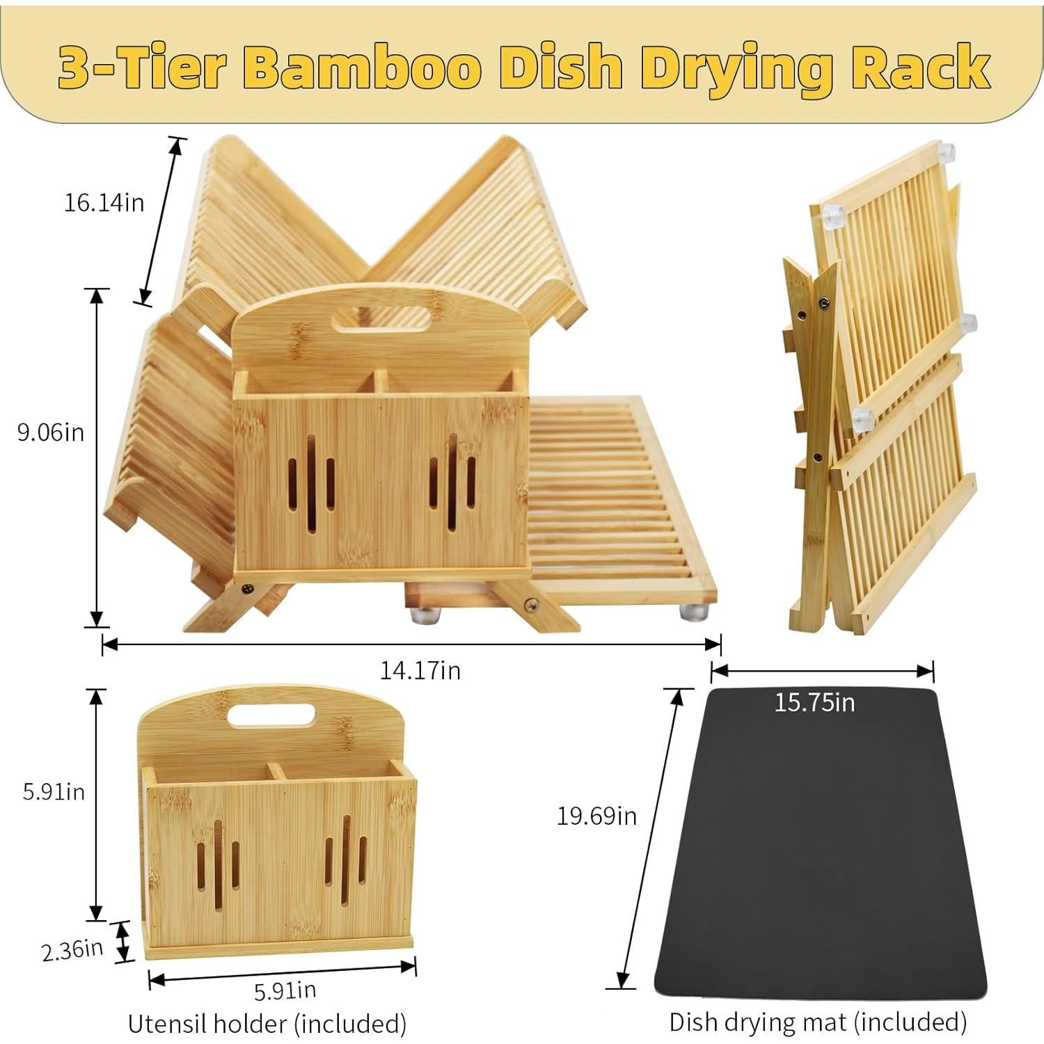 Escurridor de Platos Plegable YZHDUXIU de Bambú Grande 3 Niveles