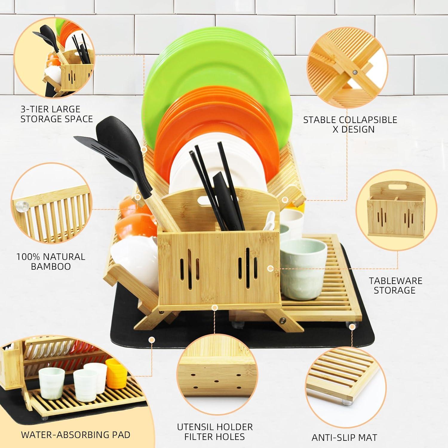 Escurridor de Platos Plegable YZHDUXIU de Bambú Grande 3 Niveles