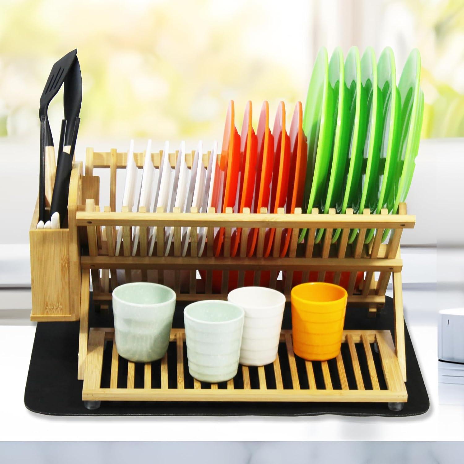 Escurridor de Platos Plegable YZHDUXIU de Bambú Grande 3 Niveles