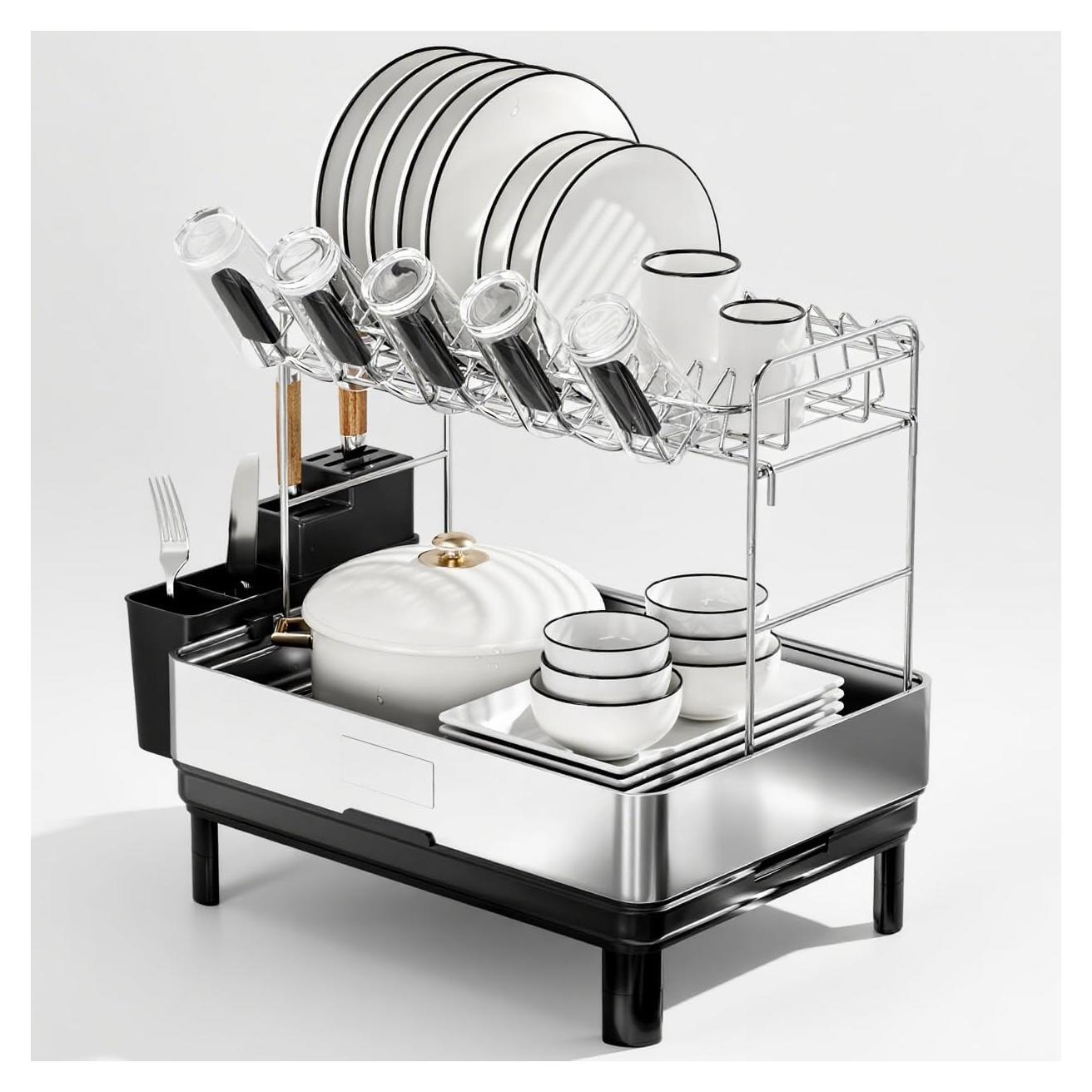 Escurridor de Platos Ewaiira Grande 2 Niveles Acero Inoxidable Negro