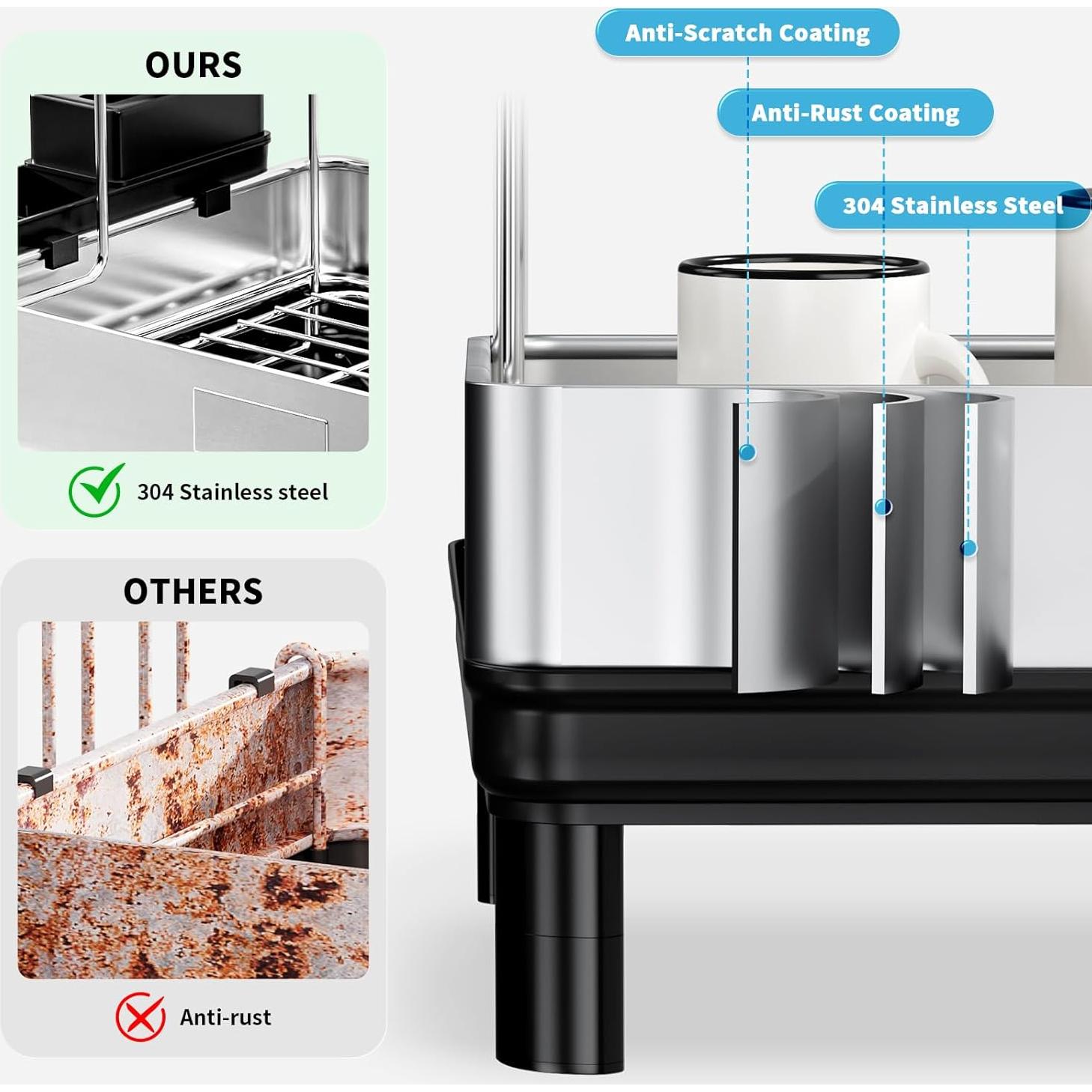 Escurridor de Platos Ewaiira Grande 2 Niveles Acero Inoxidable Negro