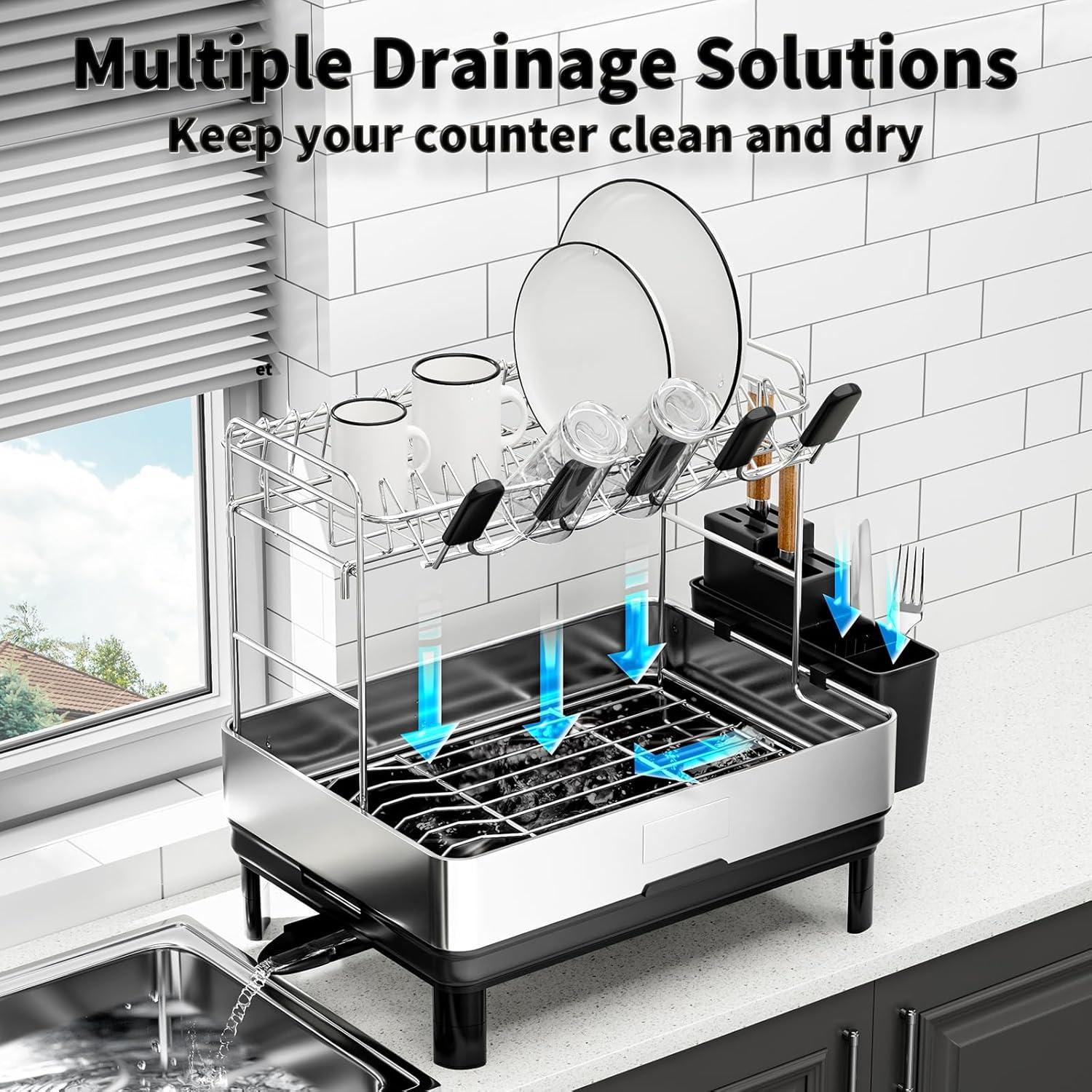 Escurridor de Platos Ewaiira Grande 2 Niveles Acero Inoxidable Negro