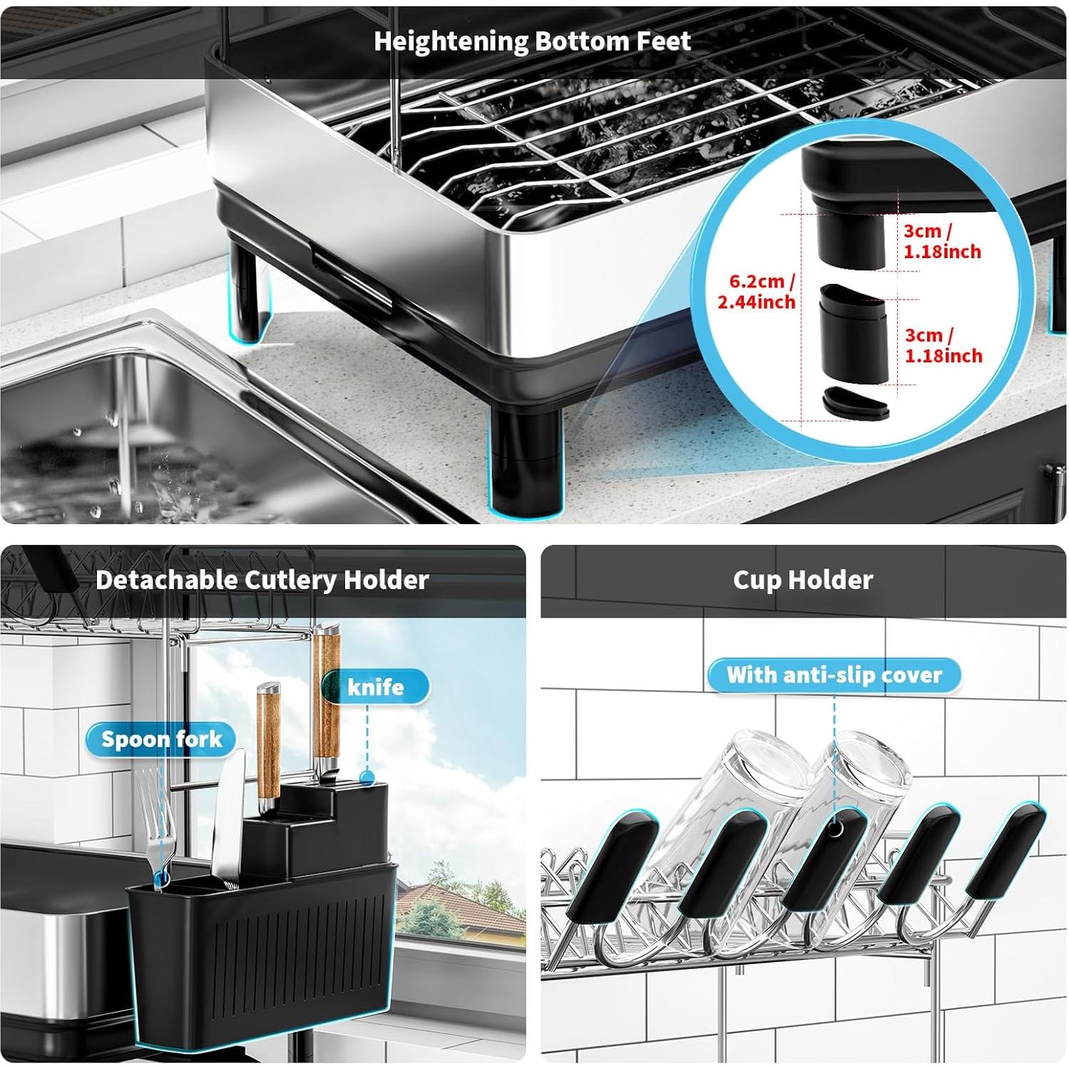 Escurridor de Platos Ewaiira Grande 2 Niveles Acero Inoxidable Negro