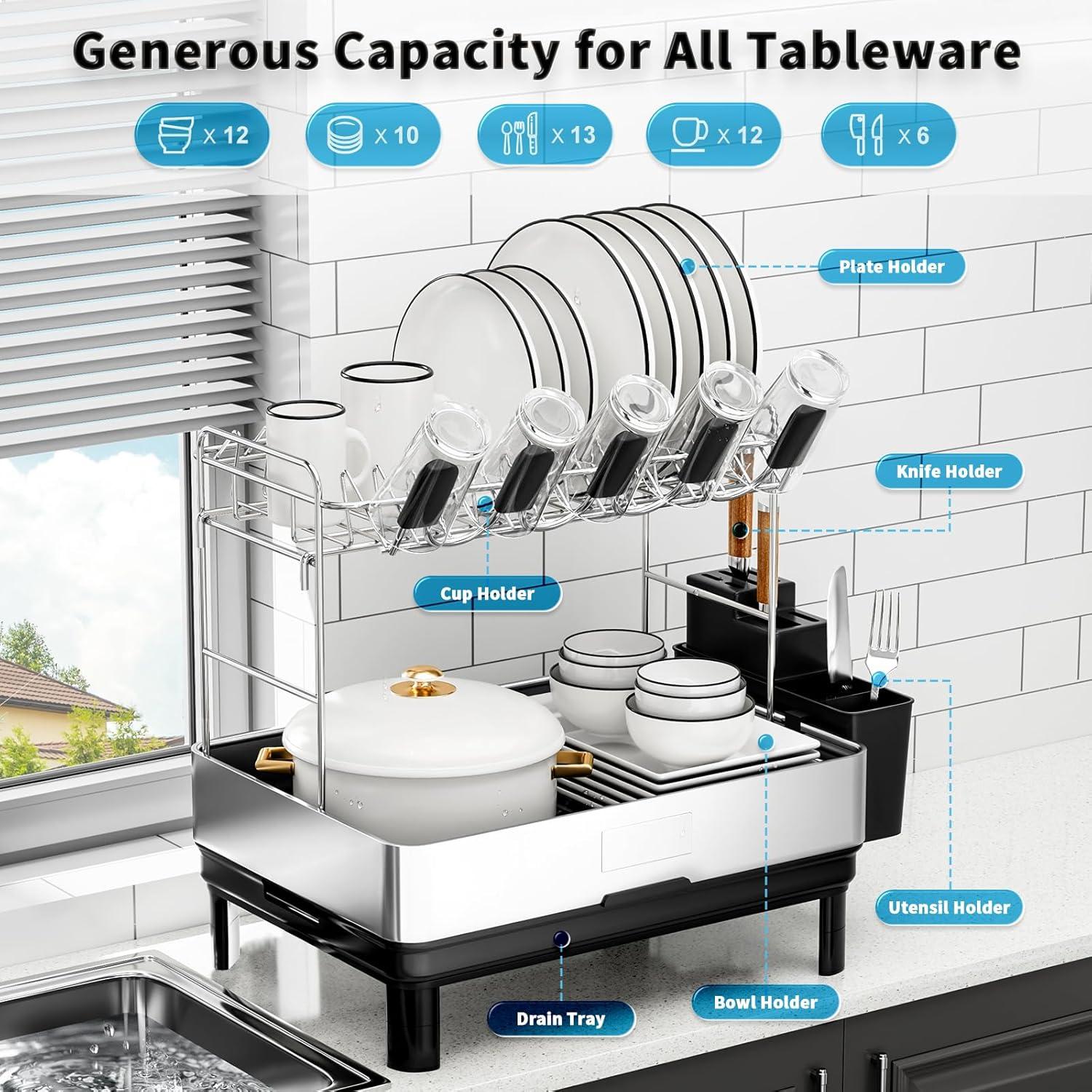 Escurridor de Platos Ewaiira Grande 2 Niveles Acero Inoxidable Negro