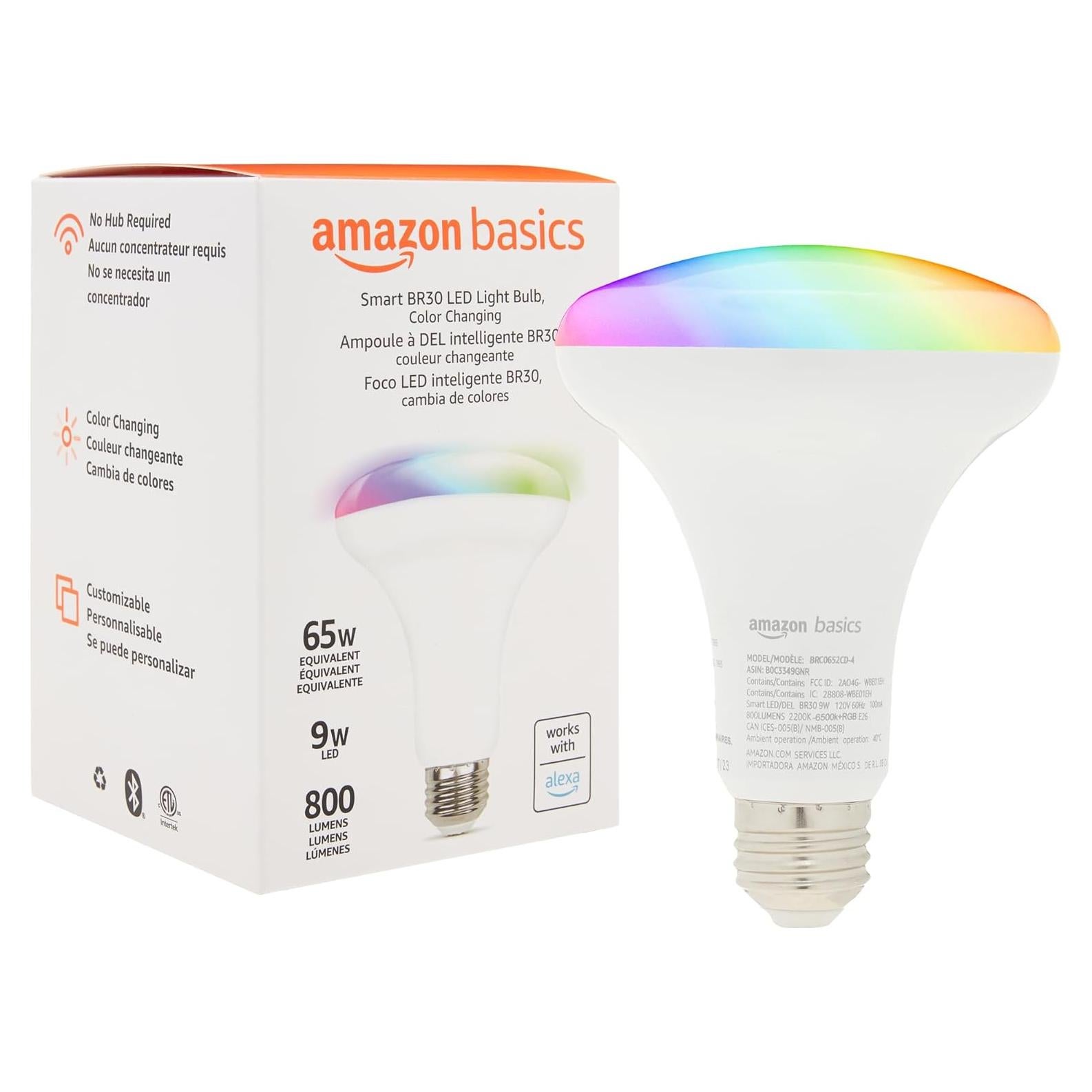 Bombilla LED inteligente BR30 Amazon Basics 9W RGBW E26