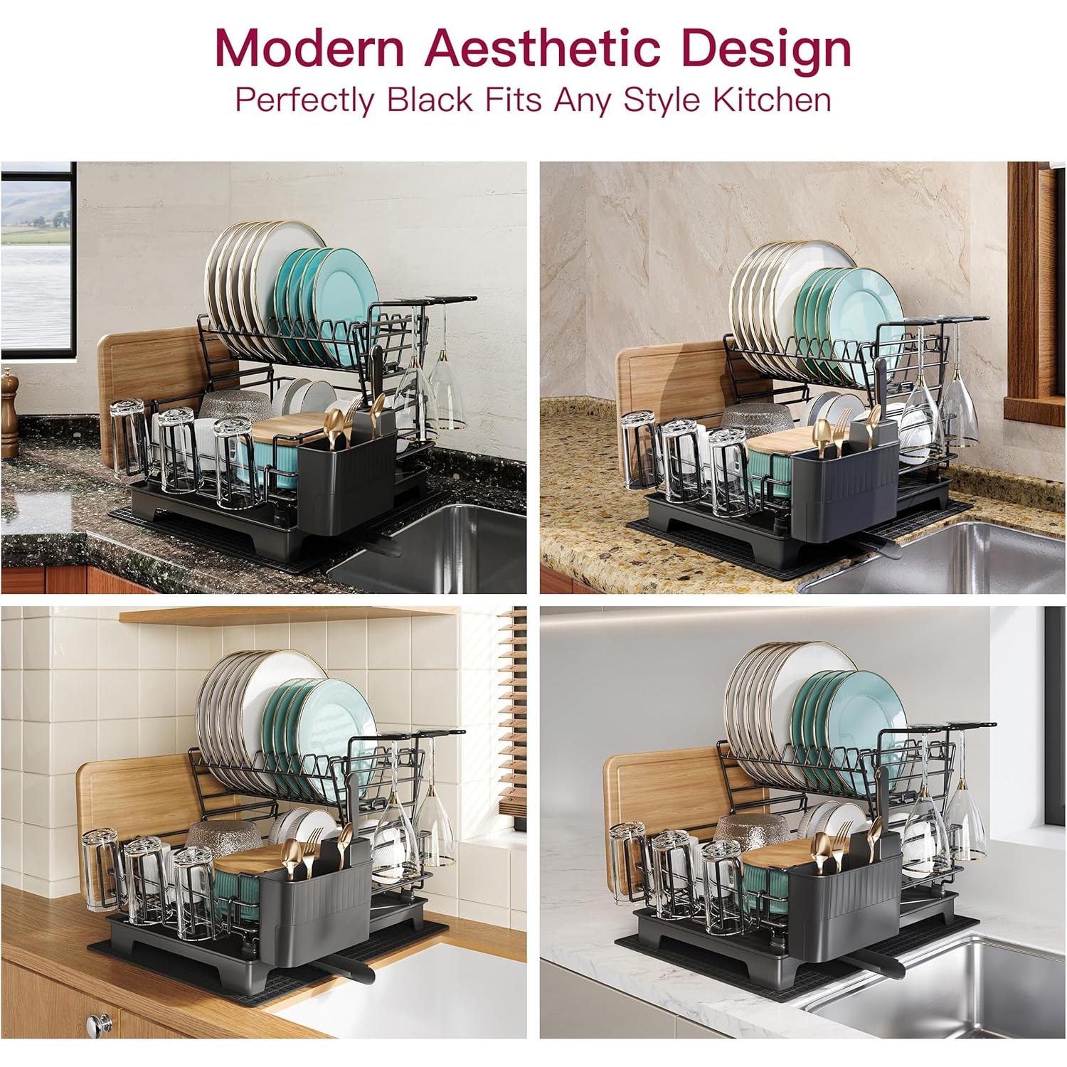 Escurridor de Platos BOOSINY 2 Niveles Acero Inoxidable Negro