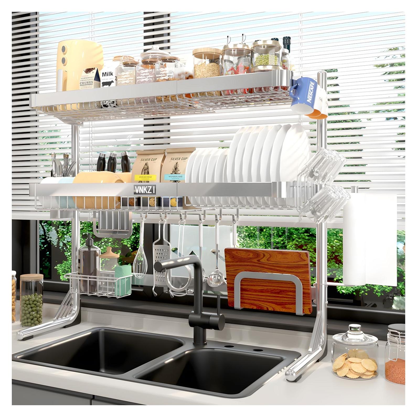 Estante para Secar Platos VNKZI Acero Inoxidable 3 Niveles Ajustable