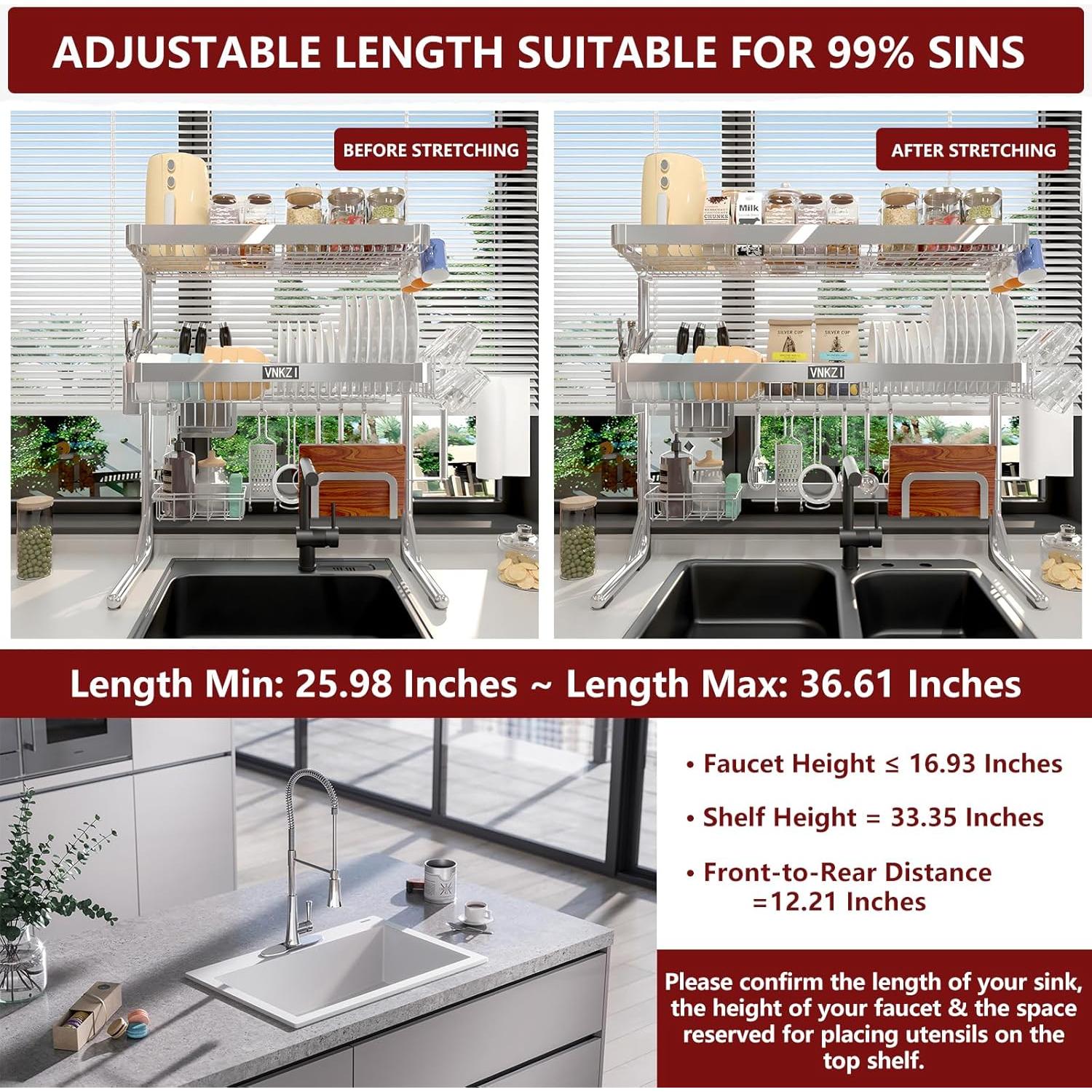 Estante para Secar Platos VNKZI Acero Inoxidable 3 Niveles Ajustable