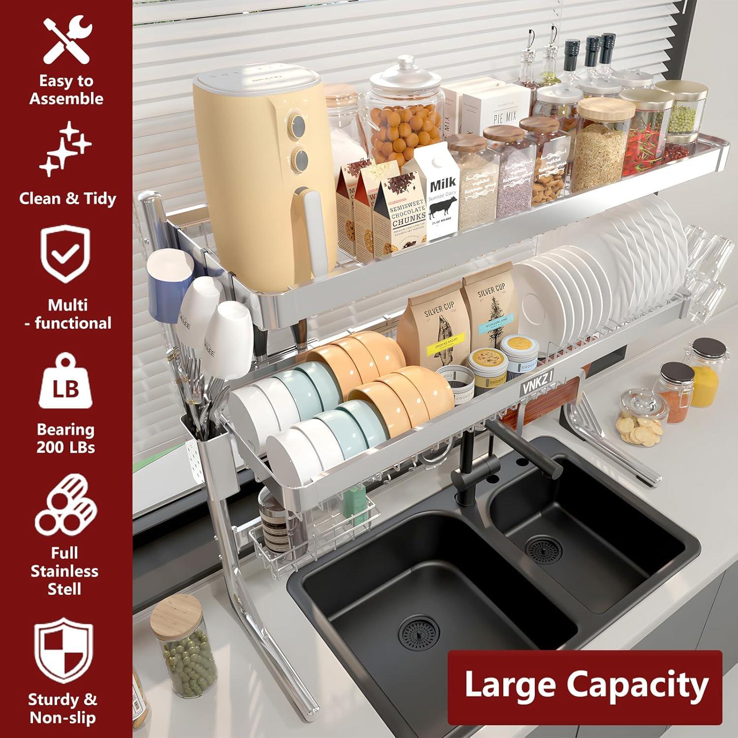 Estante para Secar Platos VNKZI Acero Inoxidable 3 Niveles Ajustable