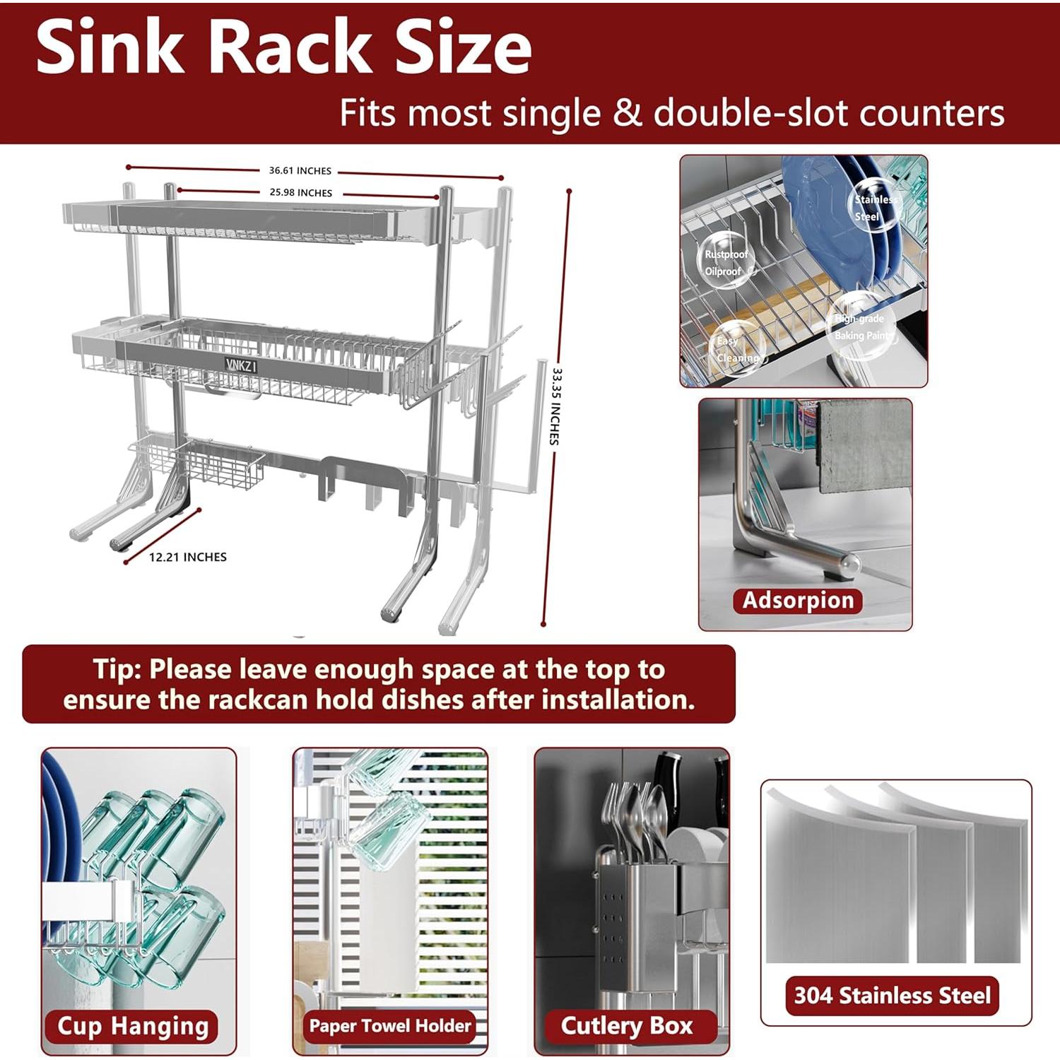 Estante para Secar Platos VNKZI Acero Inoxidable 3 Niveles Ajustable
