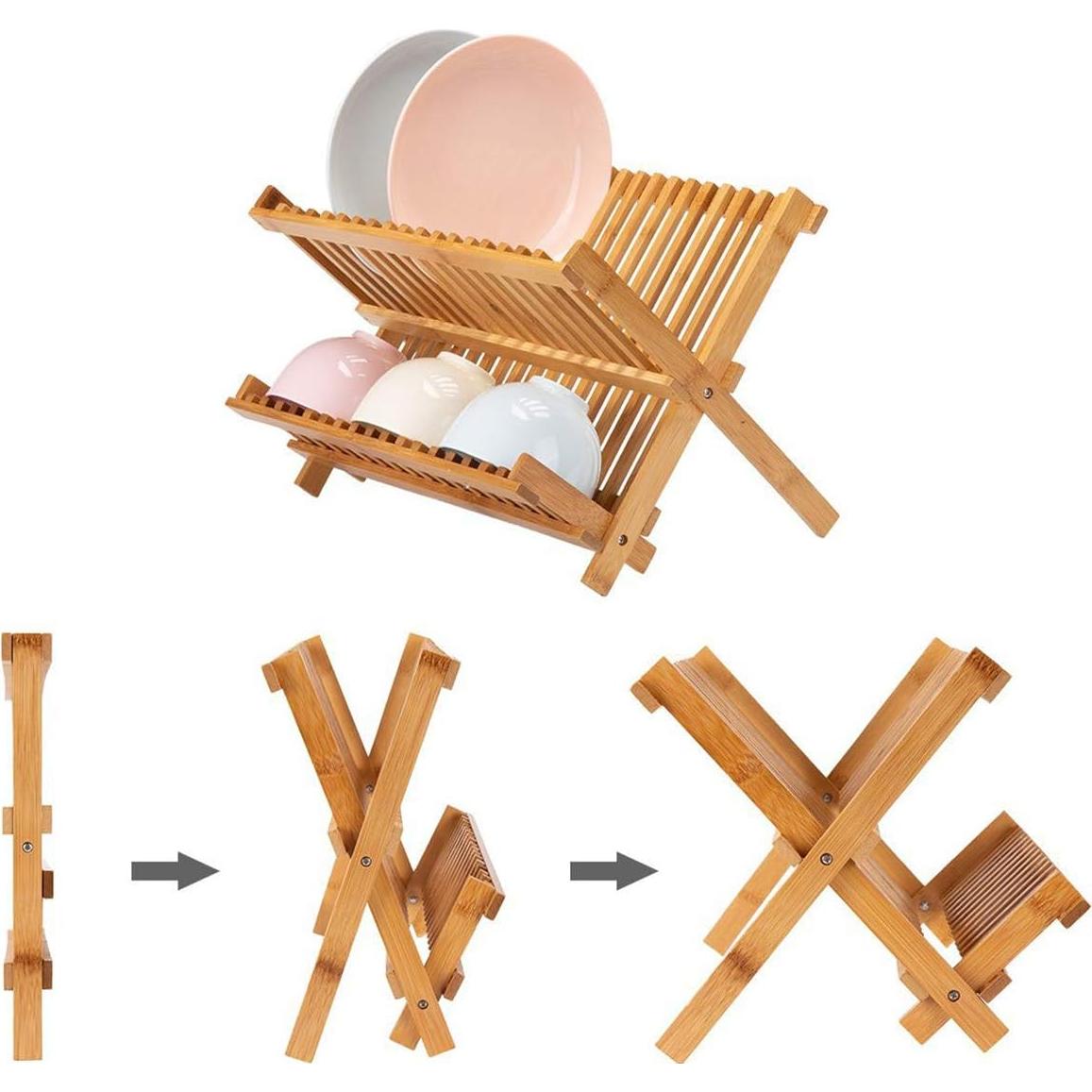 Estante de Secado de Platos Plegable Lawei de Bambú 2 Niveles