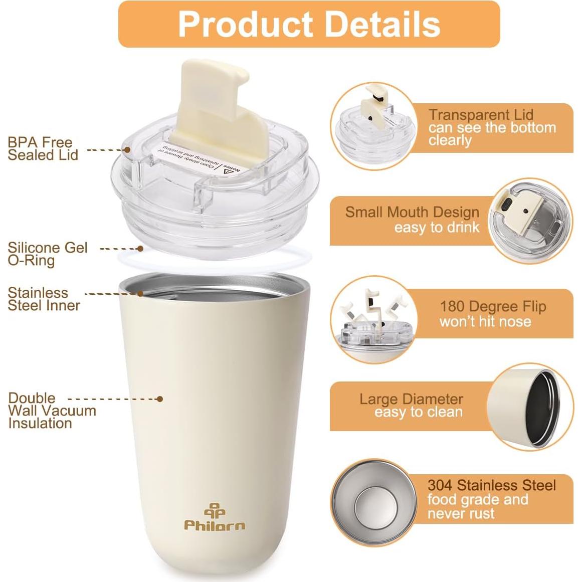 Taza de Café de Viaje PHILORN 12 OZ Aislada Doble Pared