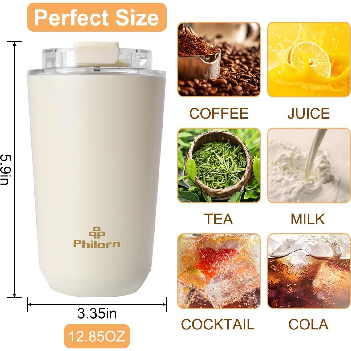 Taza de Café de Viaje PHILORN 12 OZ Aislada Doble Pared