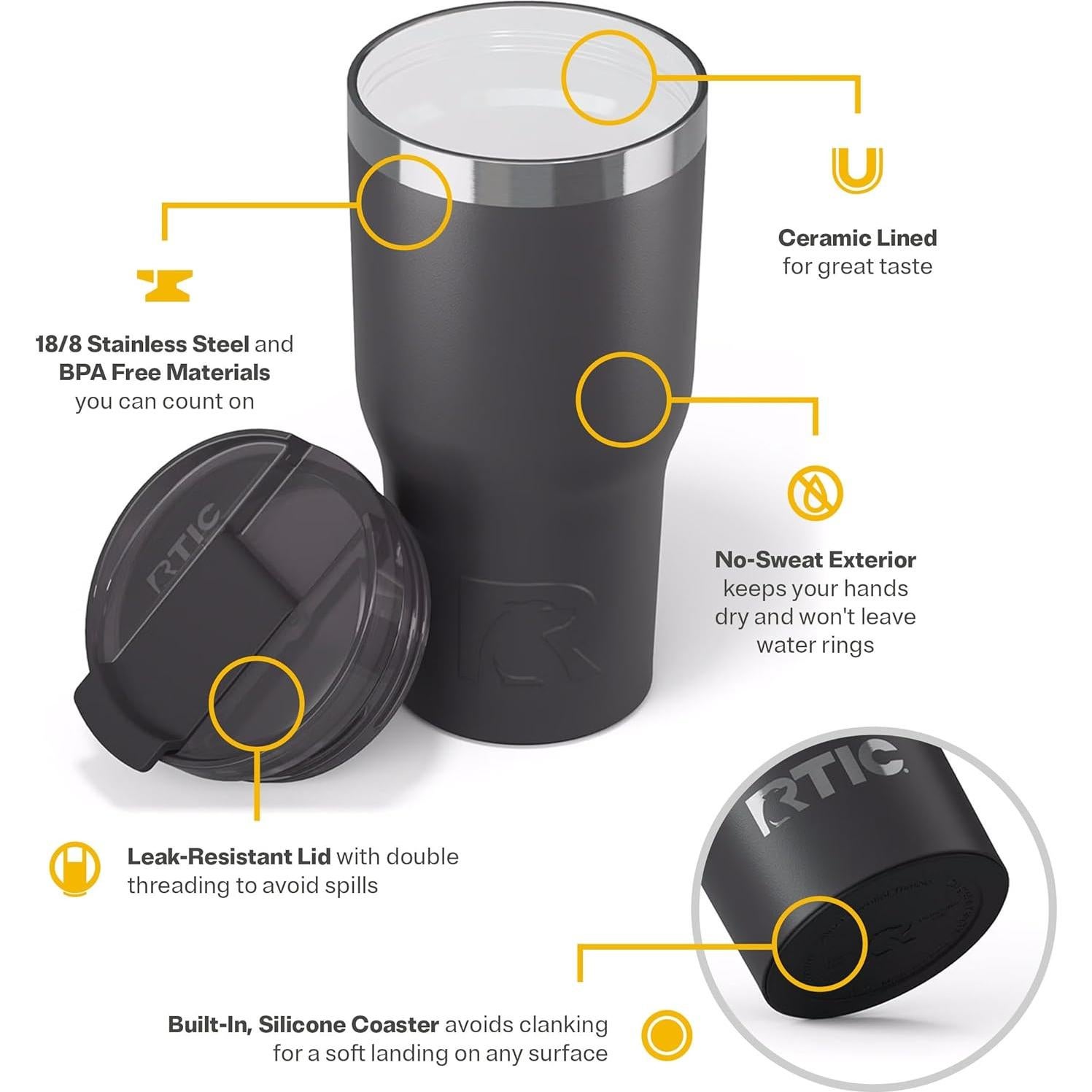 Vaso Aislado RTIC 20oz Grafito con Tapa y Revestimiento Cerámico