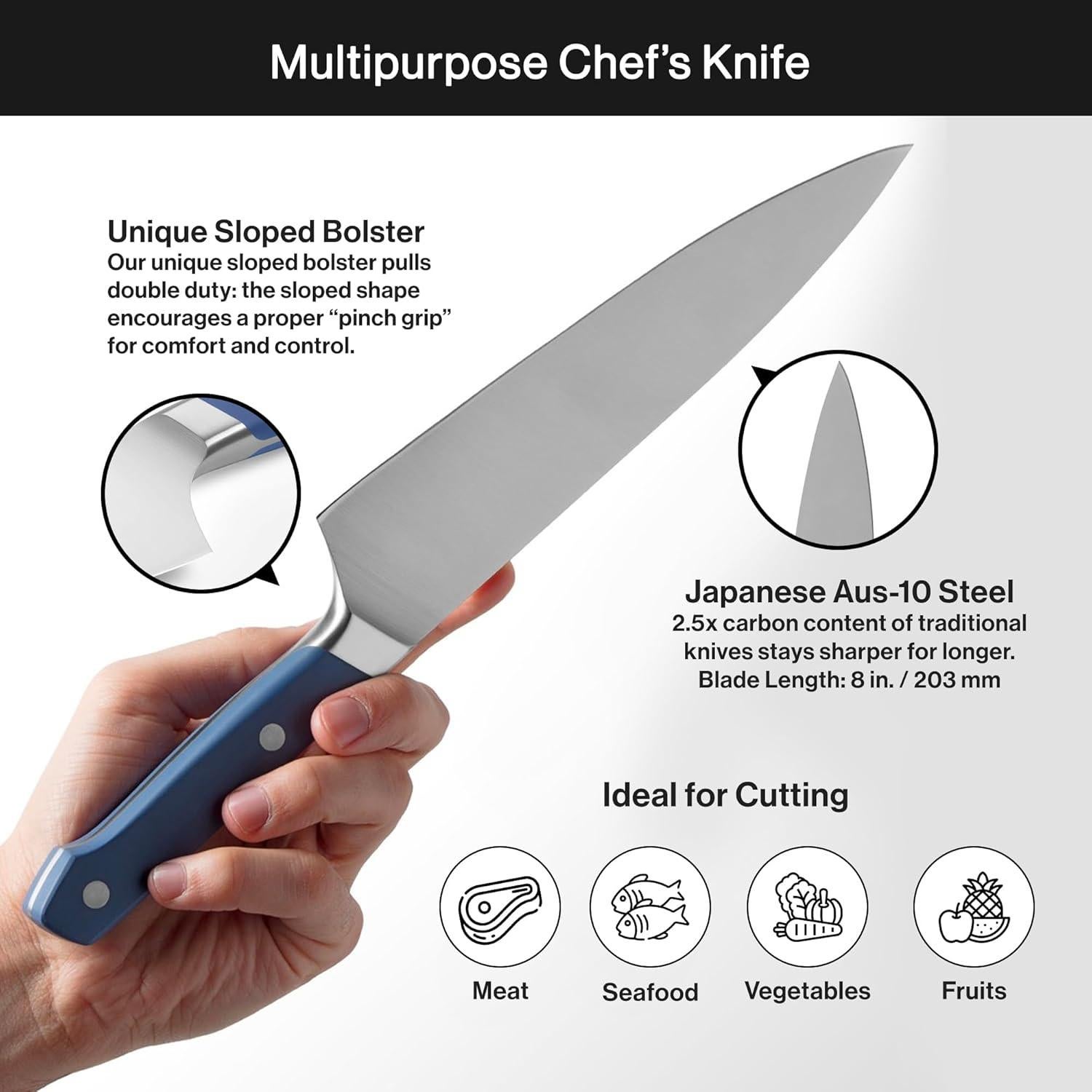 Cuchillo de Chef Misen 20 cm Acero Inoxidable AUS-10 Azul