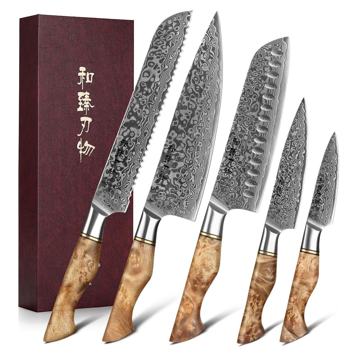 Juego de Cuchillos de Cocina HEZHEN Damasco 5PCS Mango Madera