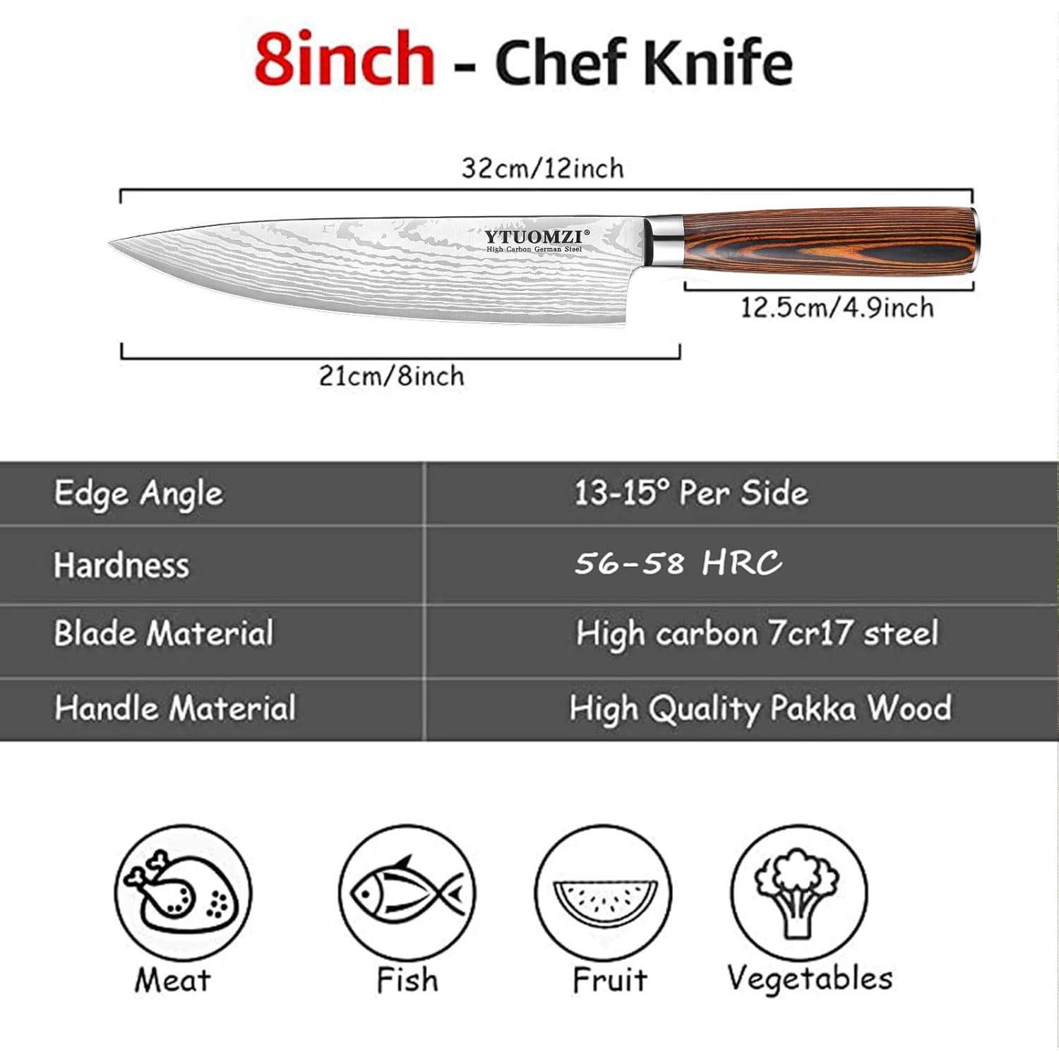 Cuchillo de Chef Ytuomzi 20.32 cm Acero Inoxidable Afilado