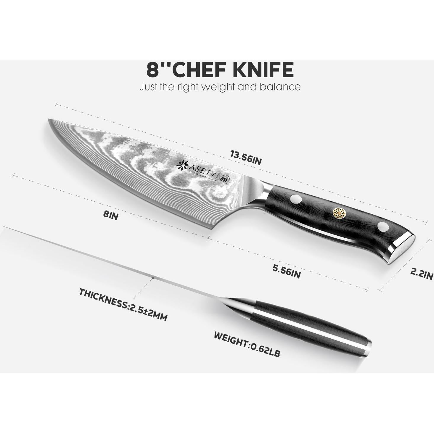 Cuchillo de Chef Damasco ASETY 20.32 cm Acero VG10 Mango G10