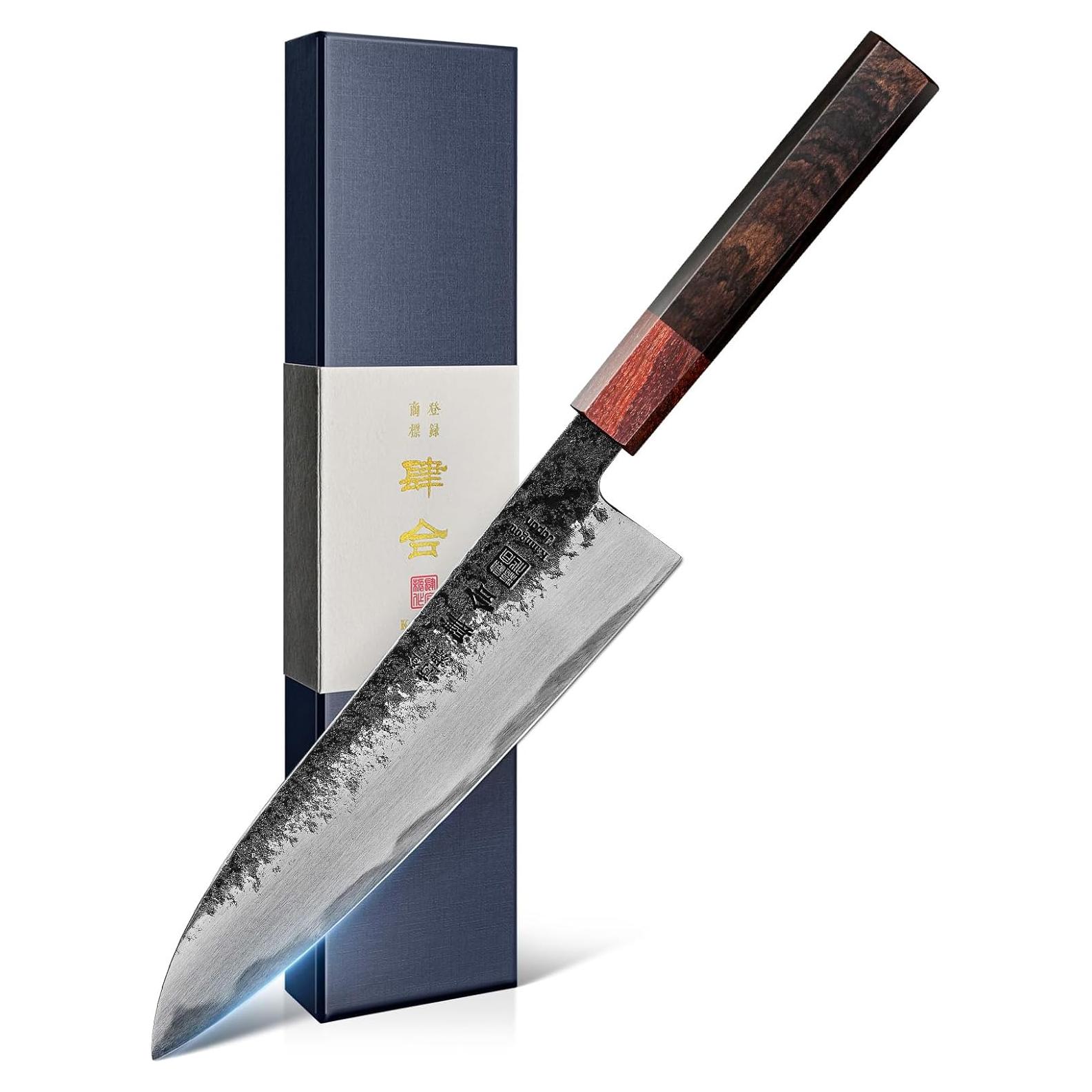 Cuchillo de Chef Japonés Kanngou 210mm Forjado Negro con Mango de Madera