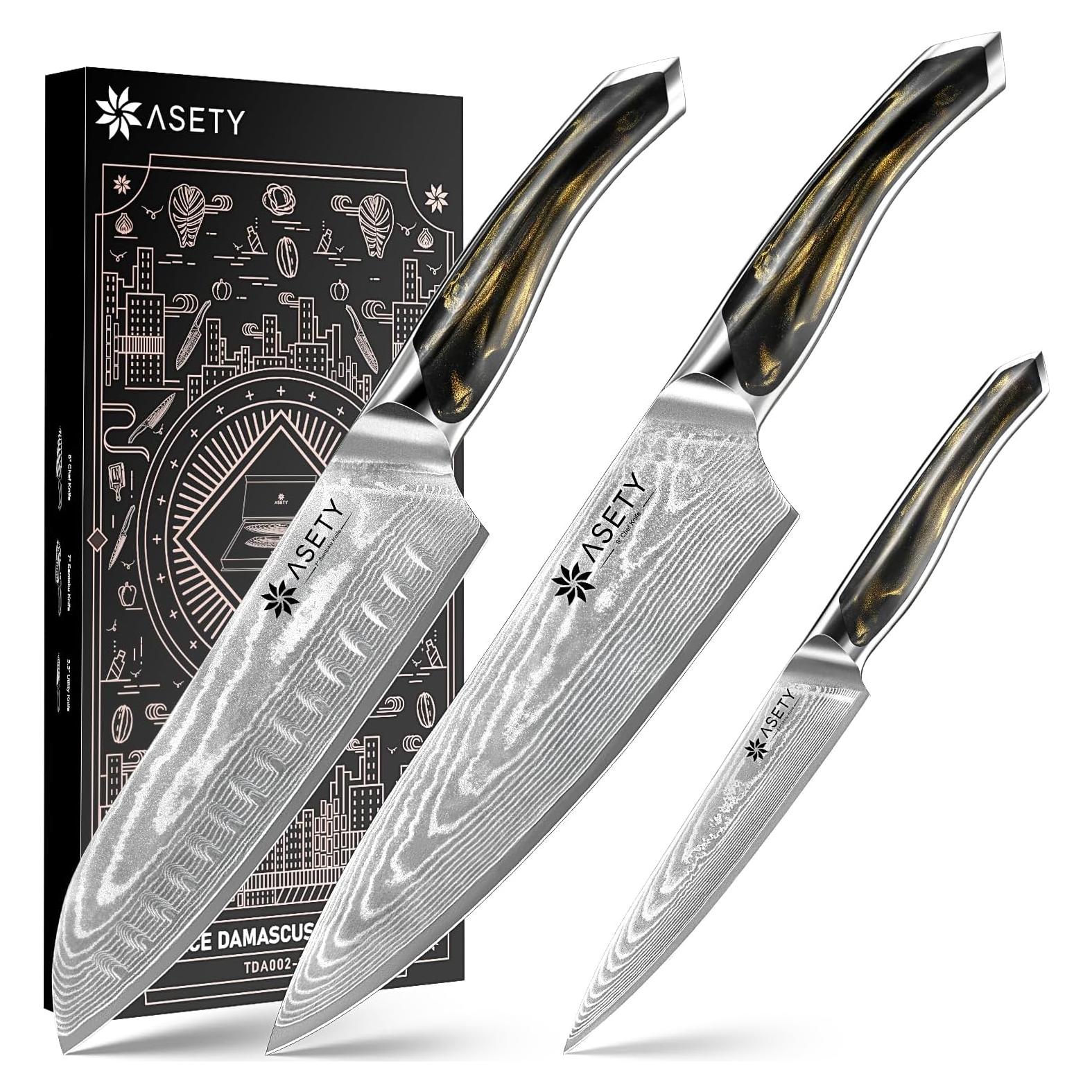 Juego de Cuchillos de Damasco 3 PCS ASETY - Chef, Santoku, Utilitario