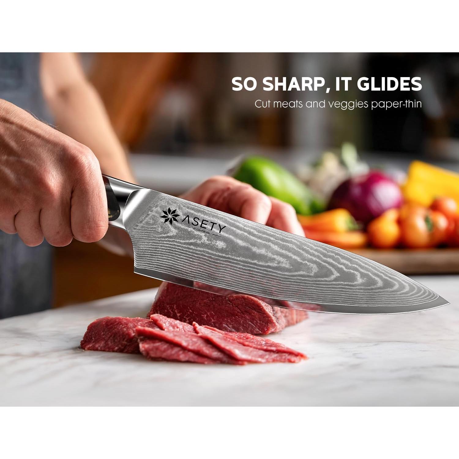 Juego de Cuchillos de Damasco 3 PCS ASETY - Chef, Santoku, Utilitario