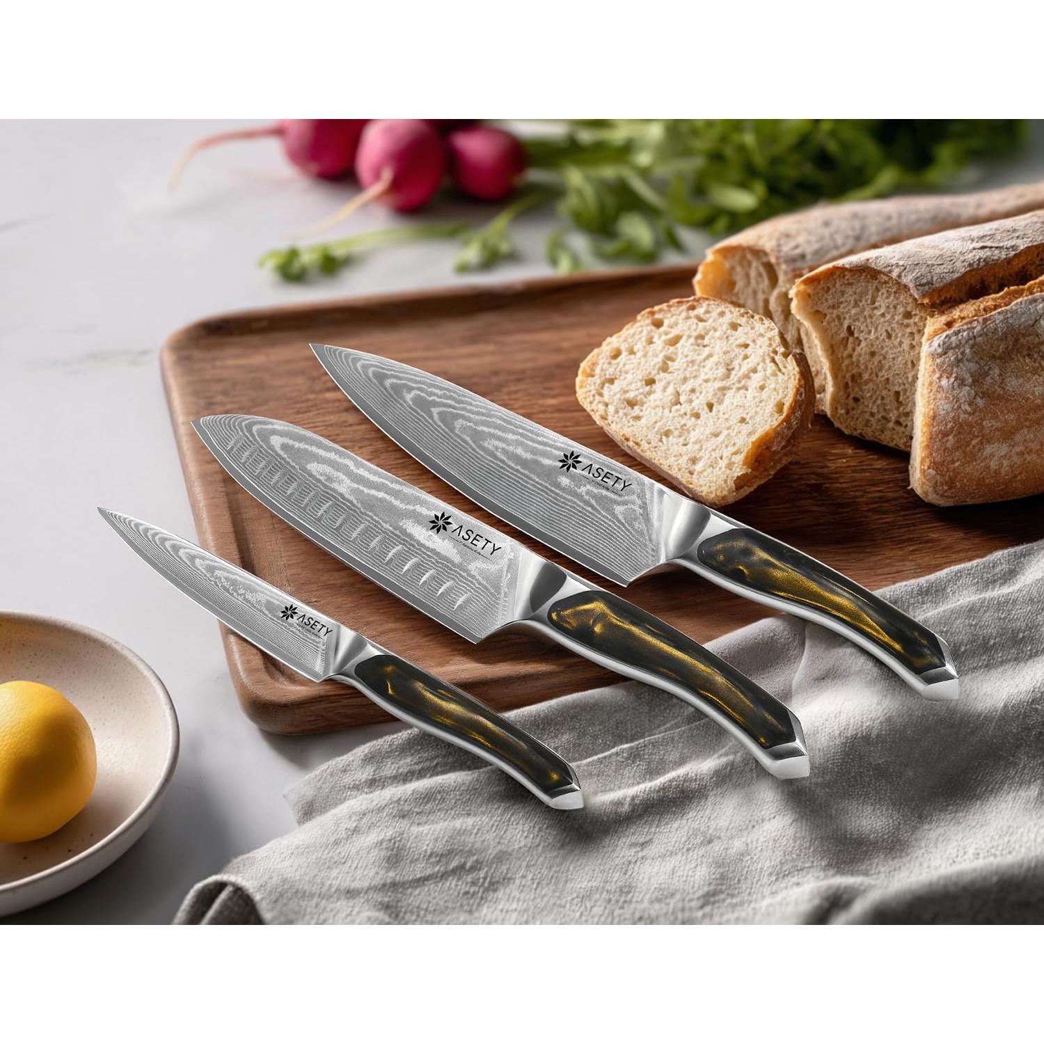 Juego de Cuchillos de Damasco 3 PCS ASETY - Chef, Santoku, Utilitario
