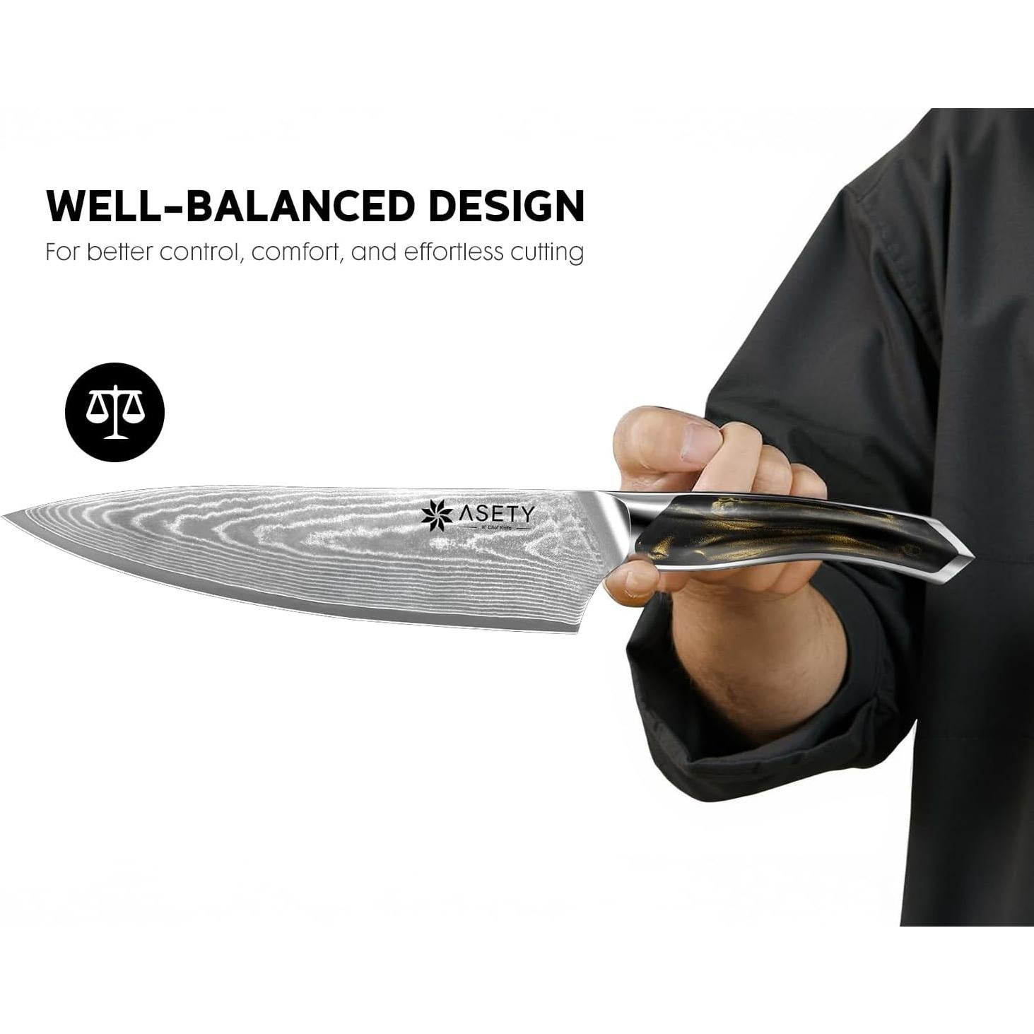 Juego de Cuchillos de Damasco 3 PCS ASETY - Chef, Santoku, Utilitario