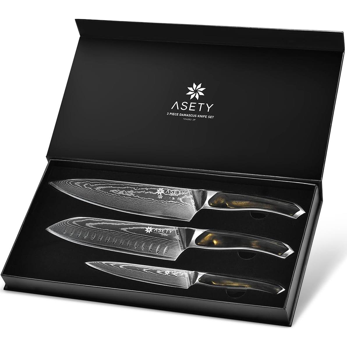 Juego de Cuchillos de Damasco 3 PCS ASETY - Chef, Santoku, Utilitario