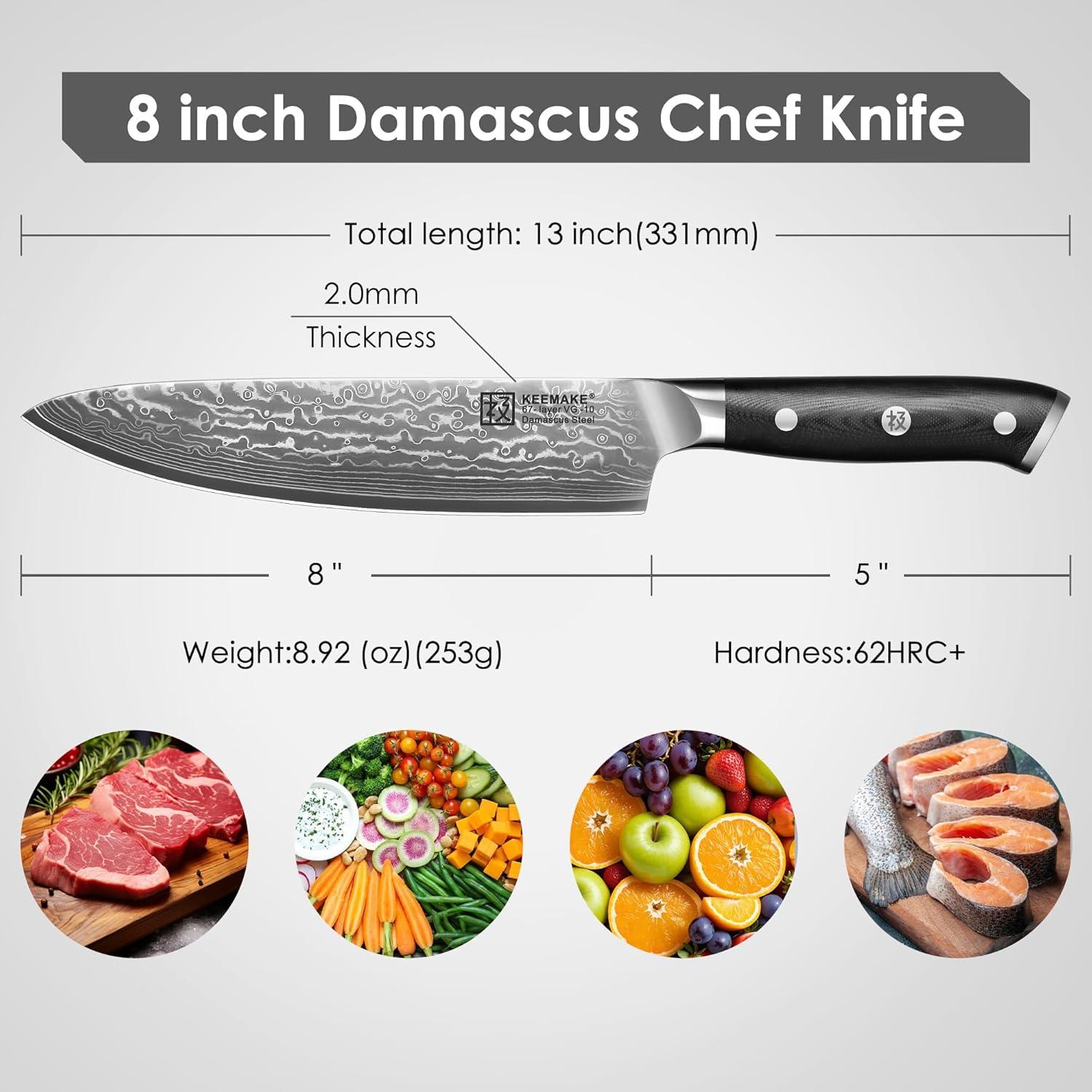 Cuchillo de Chef KEEMAKE 20.32 cm Acero Damasco VG10 Ergonómico