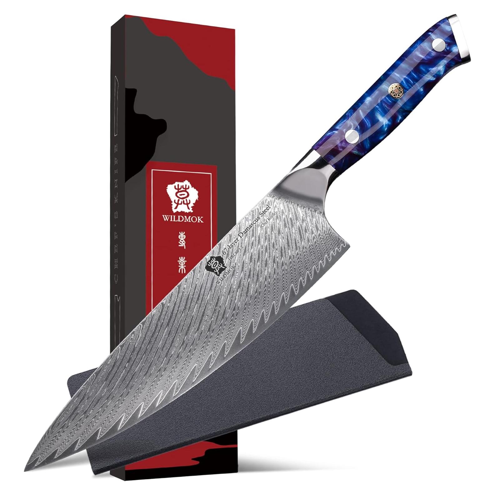 Cuchillo de Chef WILDMOK Damasco 20.3 cm Mango Resina Azul