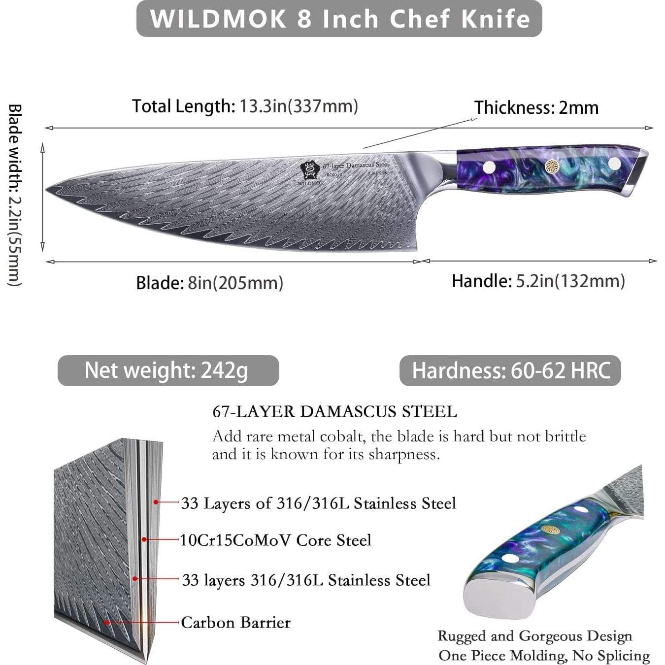 Cuchillo de Chef WILDMOK Damasco 20.3 cm Mango Resina Azul