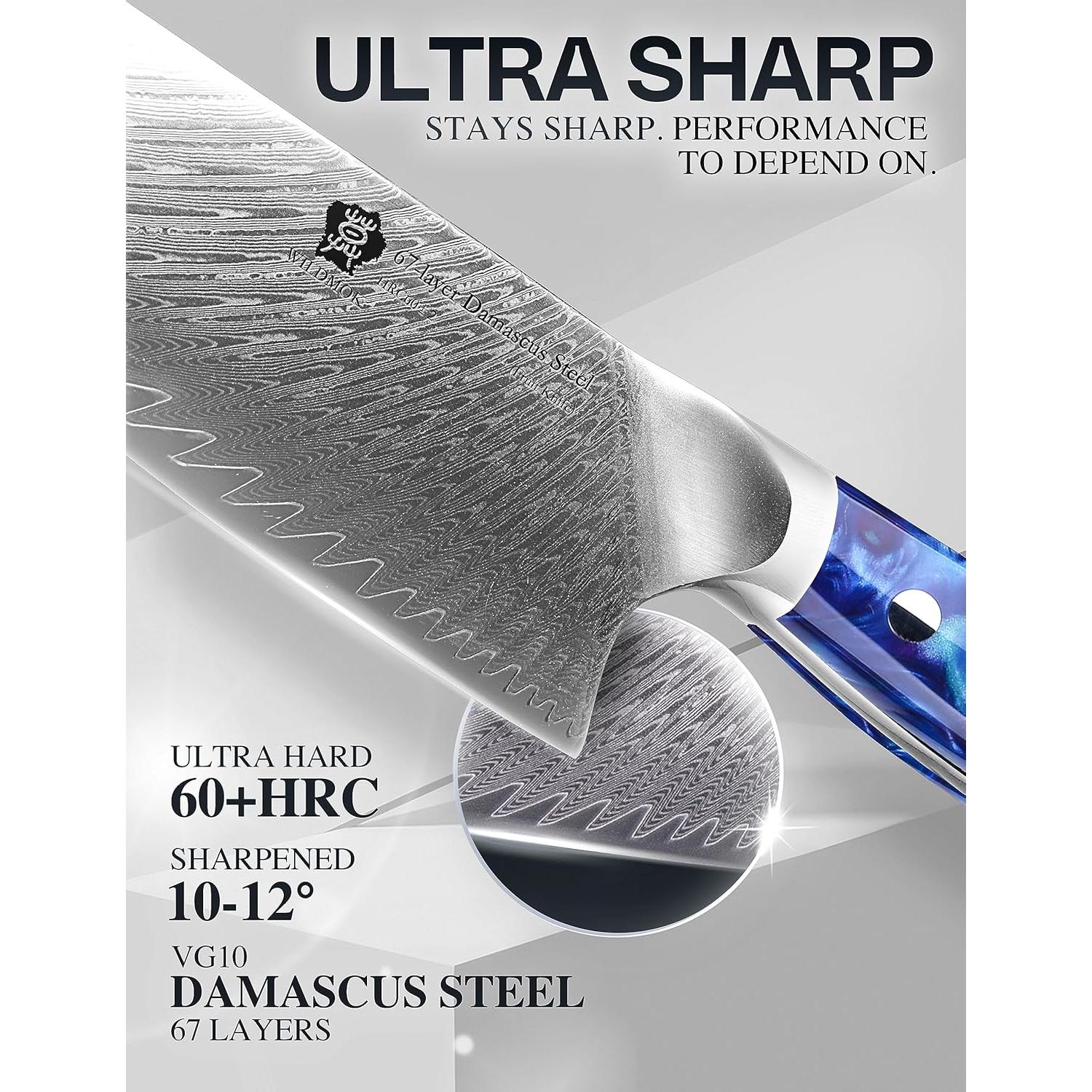 Cuchillo de Chef WILDMOK Damasco 20.3 cm Mango Resina Azul