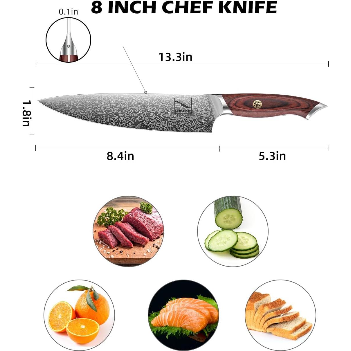Cuchillo de Chef Hinye 20.3 cm Damasco Mango Ergonómico Madera