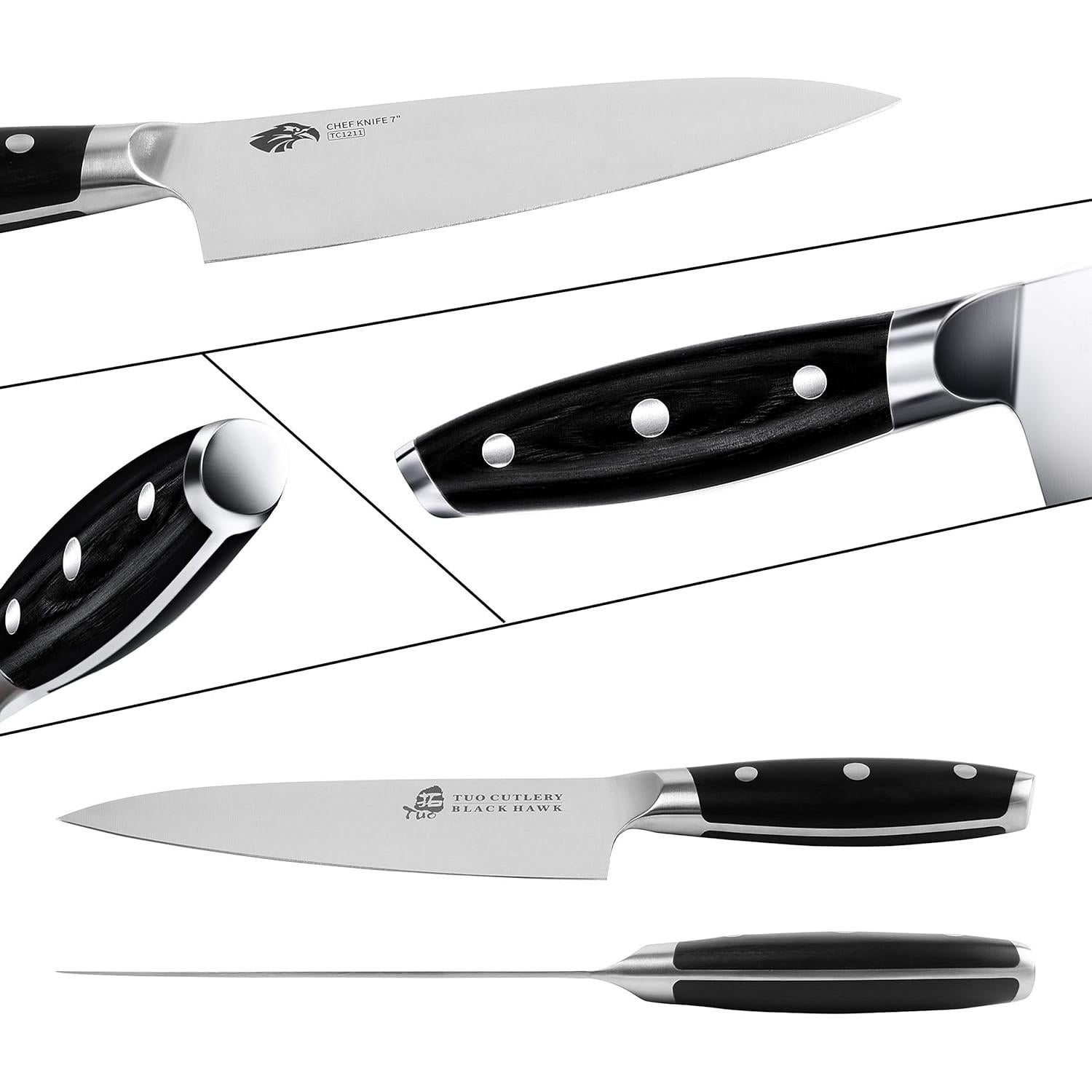 Cuchillo de Chef TUO 7" Acero Alemán Pakkawood Serie Black Hawk