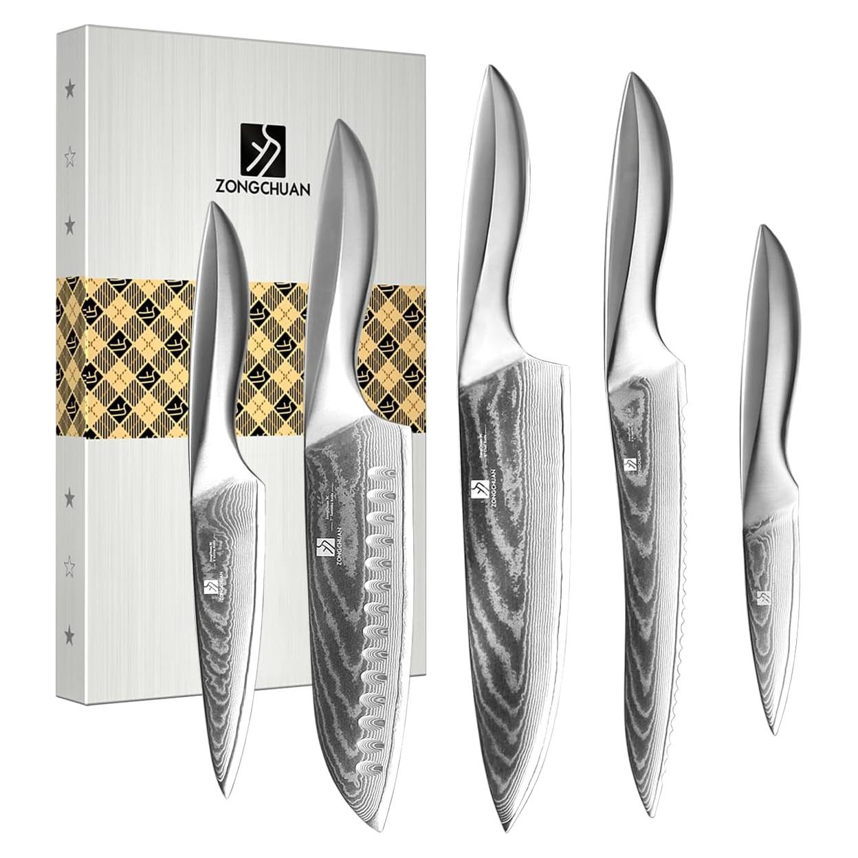 5 PCS Damascus Chef Knife Set, Ultra-Smooth Cutting Experience and Professional Grade Sharp, Kitchen Knife Set,Handle Ergonomic Design,9CR18MOV High Carbon Stainless Steel,Dishwasher Safe