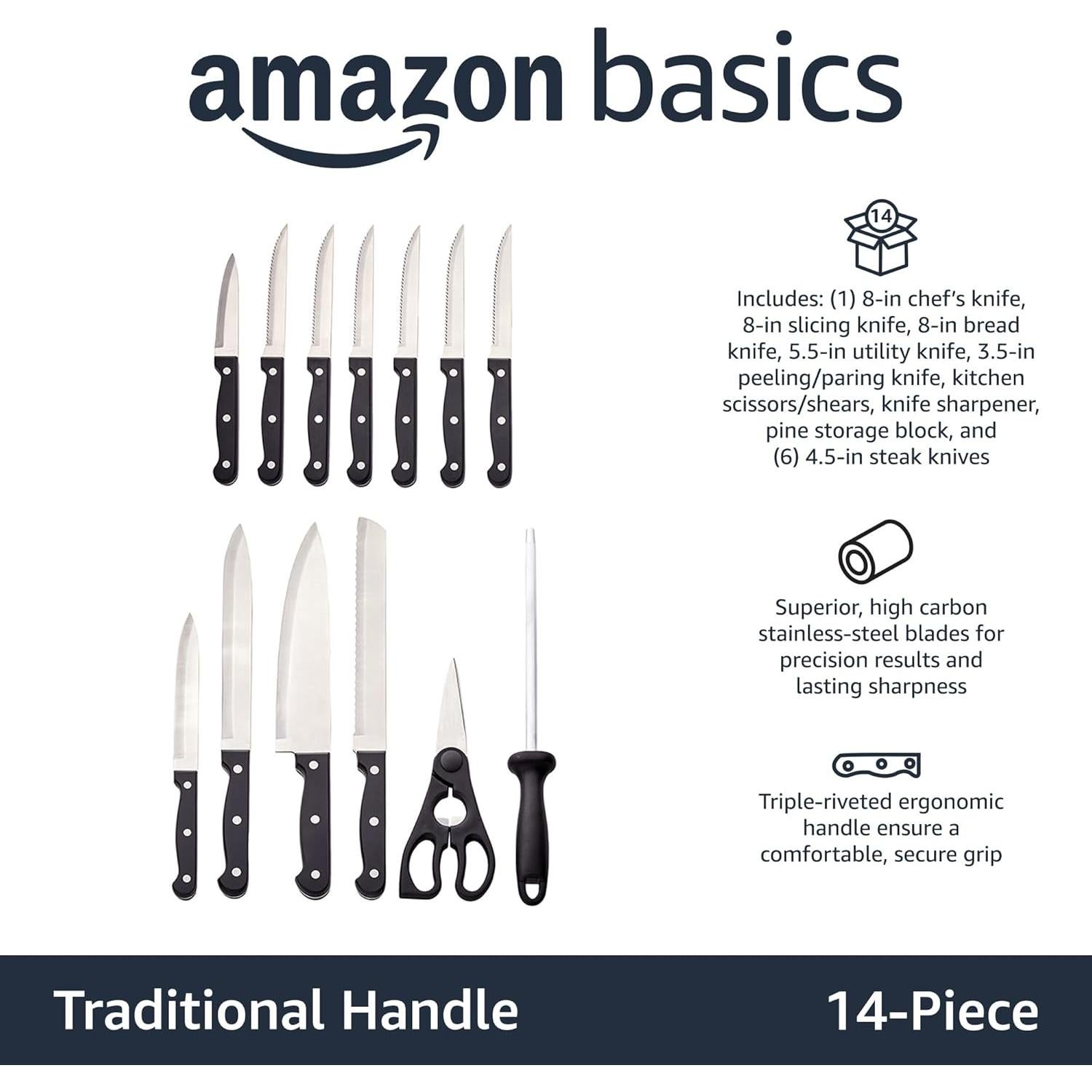 Juego de Cuchillos de Cocina 14 Piezas Amazon Basics Acero Inoxidable