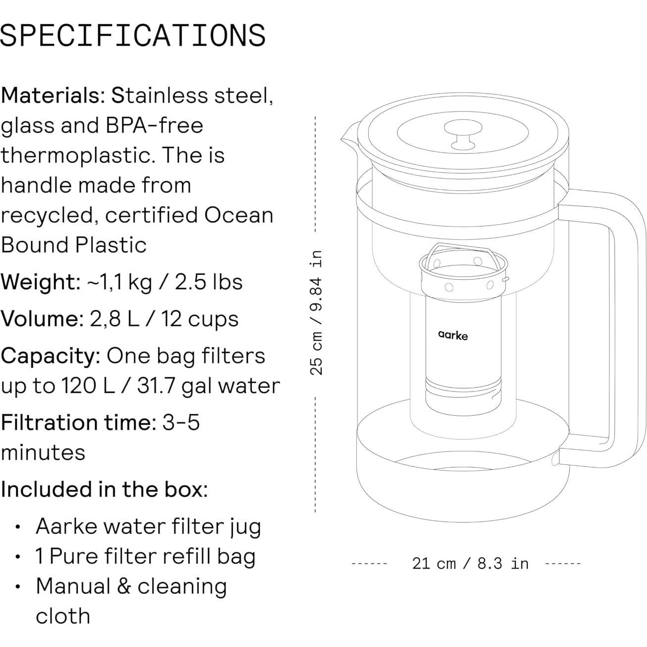 Purificador de Jarra de Agua aarke de Vidrio 1.66L Libre BPA