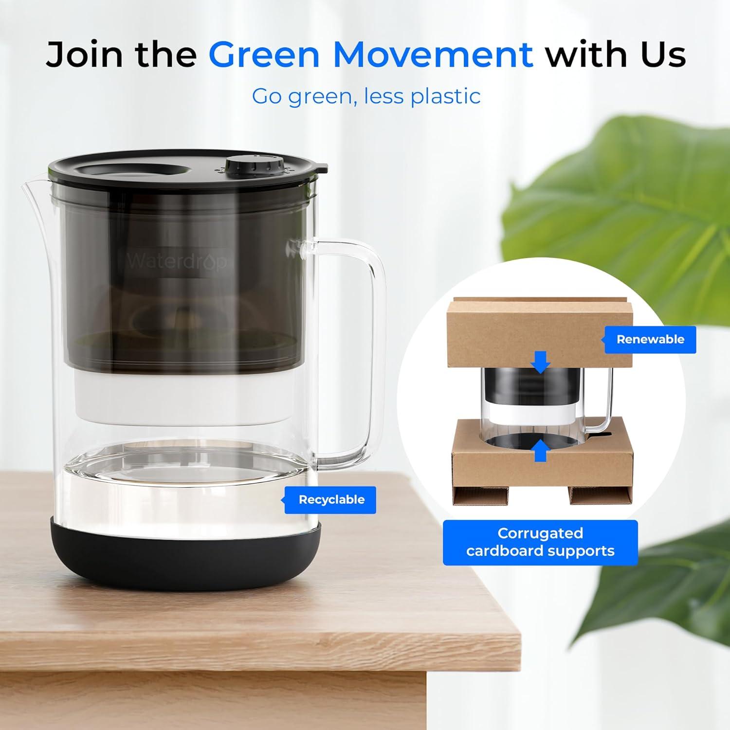 Jarra de Filtro de Agua de Vidrio Waterdrop 10 Tazas Ecológica