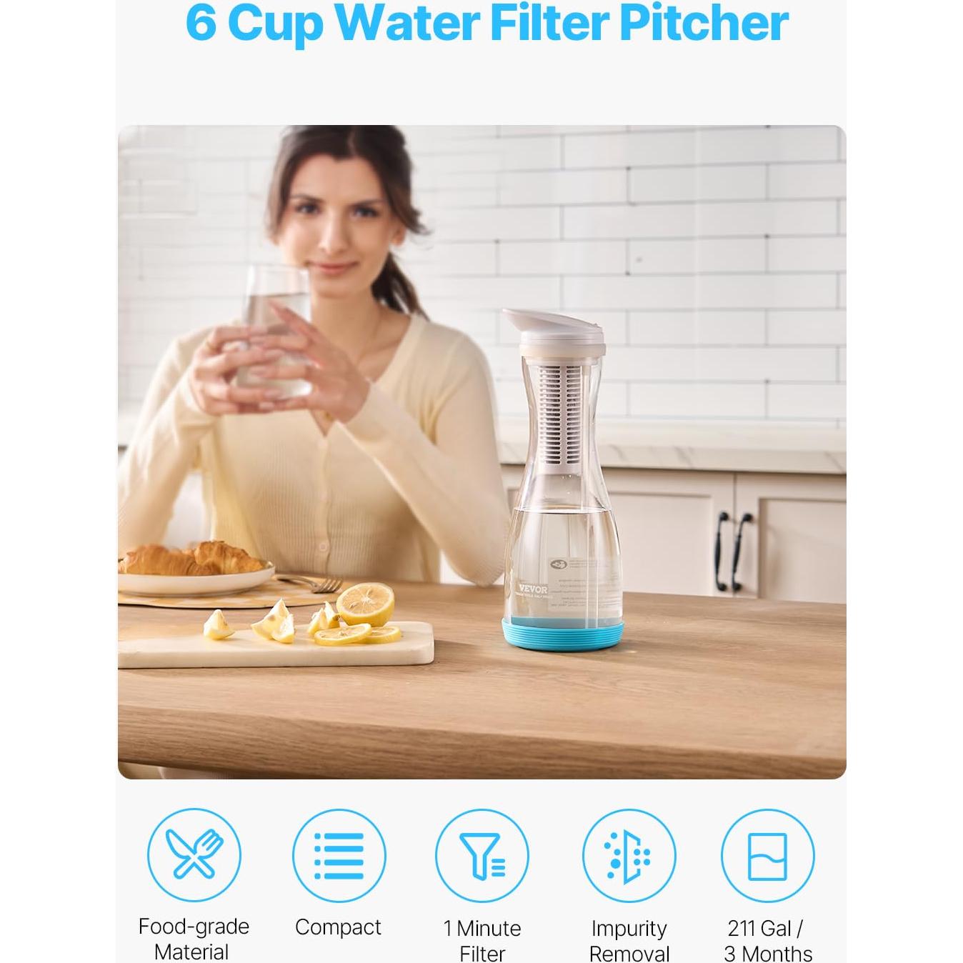 Jarra de Filtro de Agua VEVOR de Vidrio 6 Tazas Sin BPA